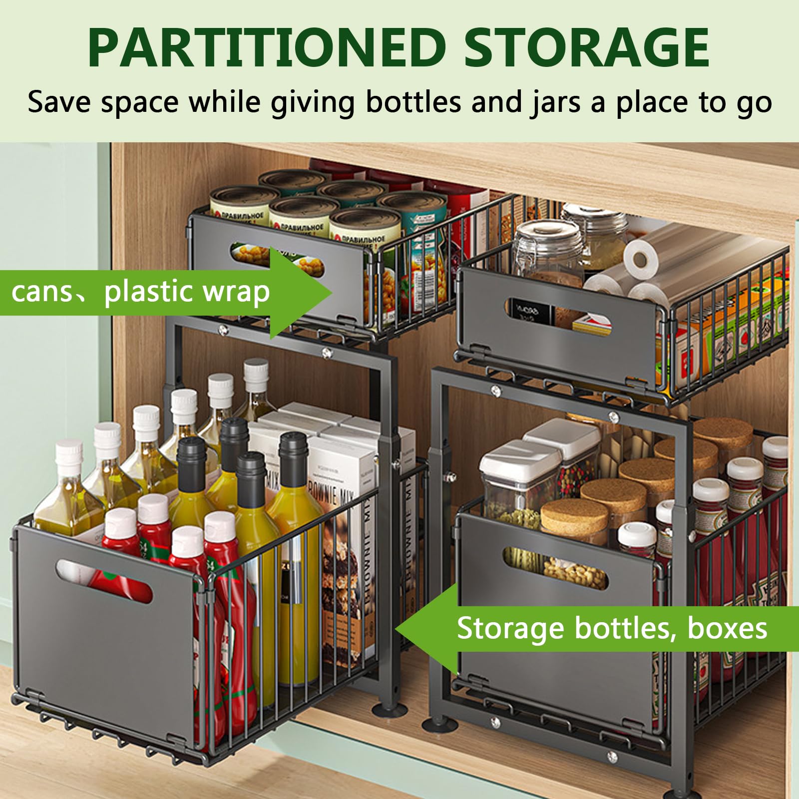 Keukenorganizer Keukenorganizer Uittrekbare Kast Lade-Organizer Zware Telescopische Dubbele Laag Draadmand Uitschuifbare Plank Opslag 304 Roestvrij Staal Uits,59W*42D*13H(cm
