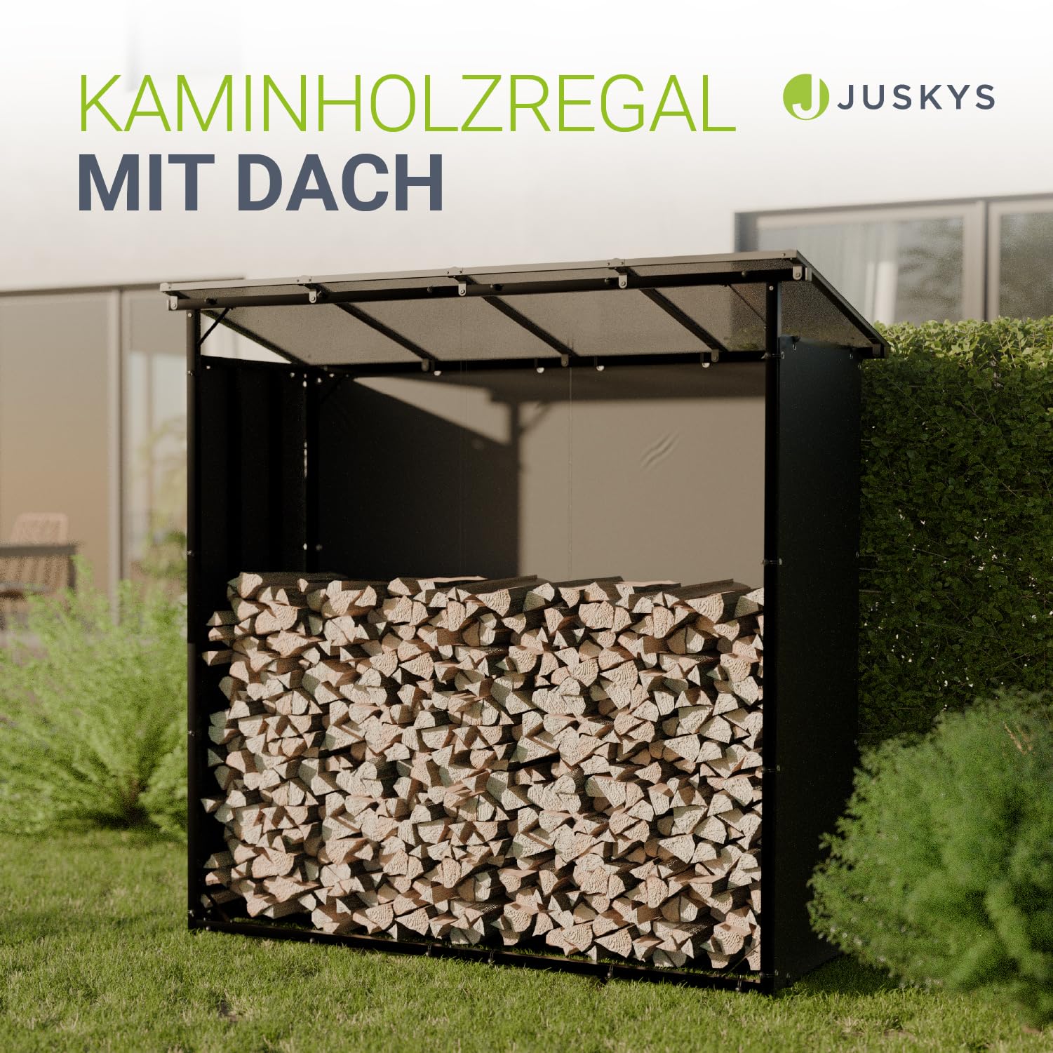 Juskys® Kaminholzregal mit Dach – 2,40 m³ Lagerkapazität, wetterfest, mit UV-beständiger Plane, erhöhter Boden & einfacher Montage, ideal für Outdoor-Lagerung