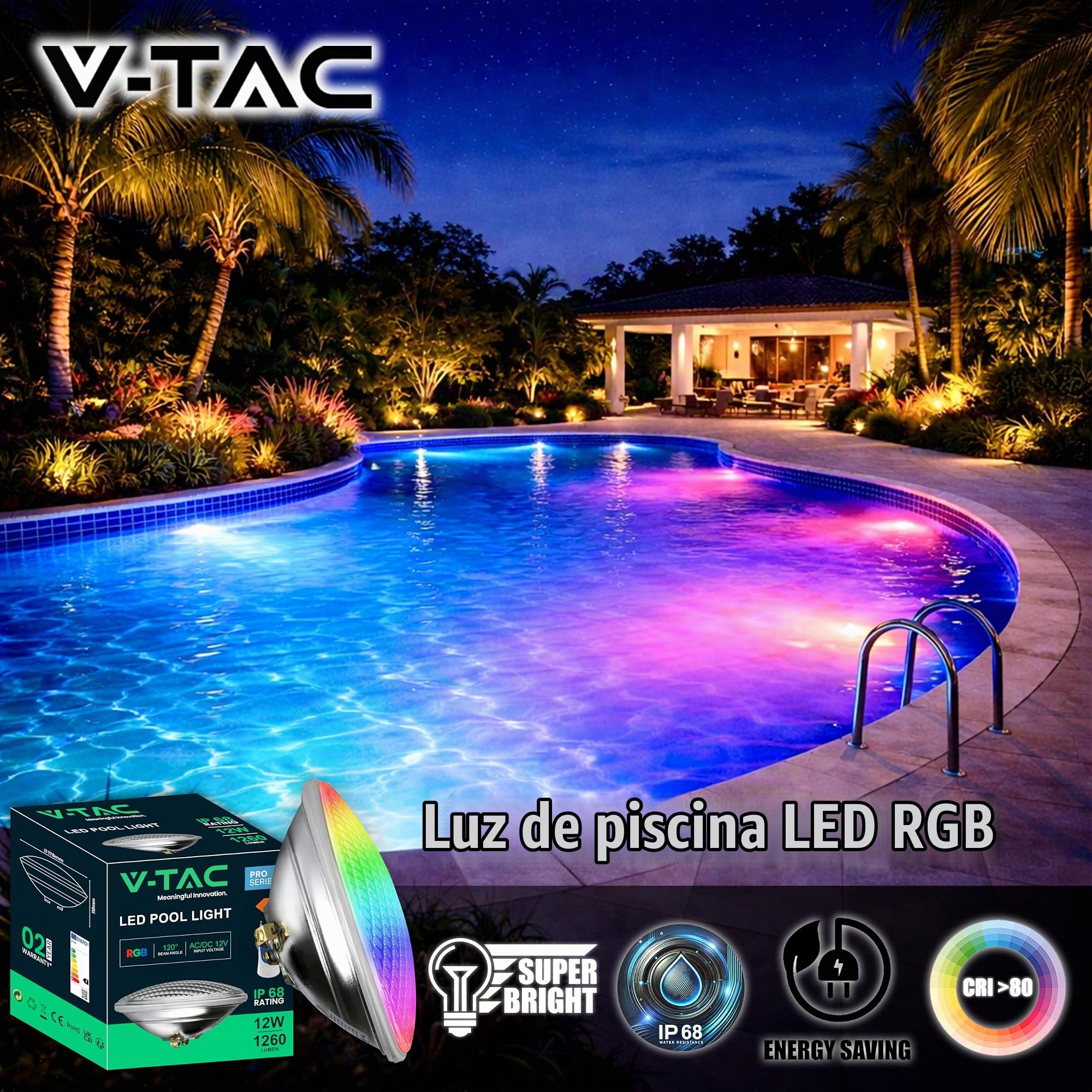 V-TAC Lámpara LED para Piscina Multicolor RGB 12W - CON MANDO A DISTANCIA - PAR56 - Lámpara de Vidrio Antigolpes IP68 para Iluminación de Piscinas y Fuentes - 1260 Lúmenes - Luz de Colores