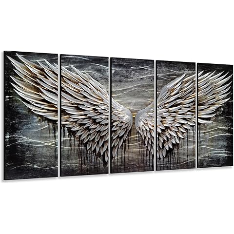 Yihui Arts Angel Wings Metal Wall Art - Modern Abstract 5 Pieces Black and White Aluminum Artwork for Contemporary Home Decor