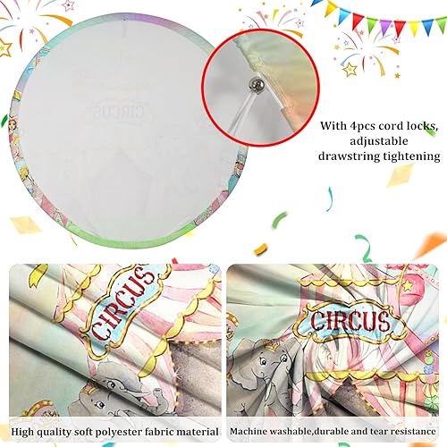 Miniatura 4 de AOFOTO Cubierta redonda de fondo de fotos de animales de circo de 7 x 7 pies, rueda de ferrita, sello, elefante, caballo, decoración de fiesta,