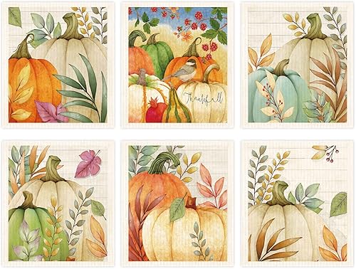 Morigins Paños de cocina suecos de calabaza de otoño mixtos, regalos respetuosos con el medio ambiente, reutilizables, toallas de mano absorbentes