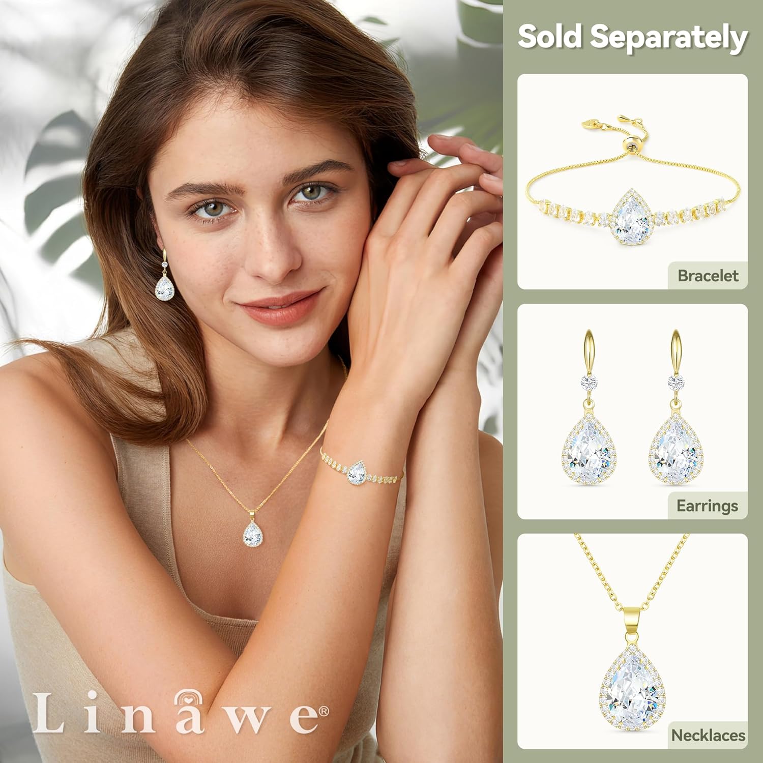 Linawe Imitation Diamond Dangle Earrings for Women Trendy, Rhinestone Drop Chandelier Earrings, Teardrop Crystal Cubic Zirconia Wedding Jewelry Set, 14K Gold/Rose Gold/Silver Tone - Image 3