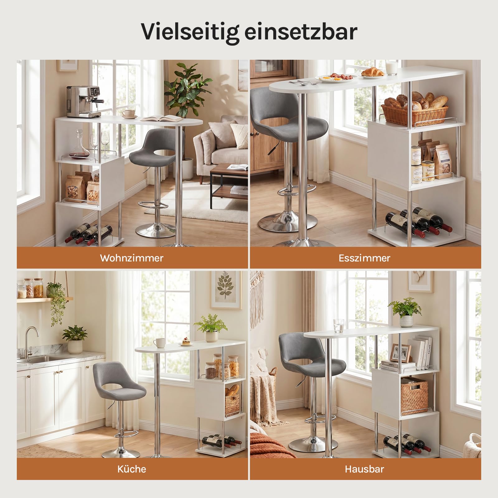 WOLTU S-förmiger Bartisch mit Stauraum, Stehtisch mit Weinregale, Bistrotisch aus Metall & Holz, Bartheke Tresentisch für Küche Bar Wohnzimmer, 113 x 40 x 105cm, Weiß