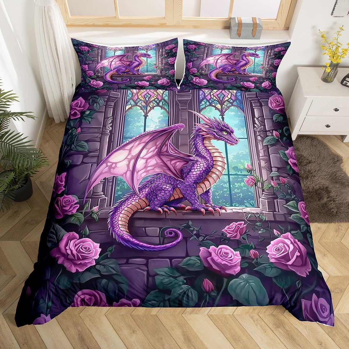 Manfei Magic Dragon Duvet Cover Set King Size, Purple Rose Flower Bedding Set 3pcs, Ancient Animal Comforter Cover, Kids Boy Girl Room Decor, Lightweight Bedspread Cover, 2 Pillowcases, No Comforter