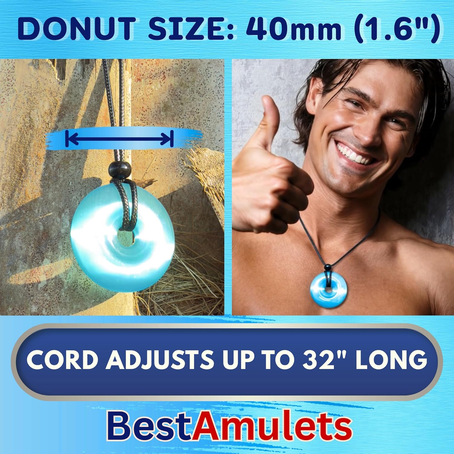 Atlantis Lucky Coin Shaped Donut Pendant Necklace - 40mm Simulated Sky Blue Cat's Eye Crystal - Ocean Portal Positive Energy Amulet - Adjustable Cord Protection Powers Talisman - Good Luck Sacred Circle Spiritual Jewelry Gift - Image 4