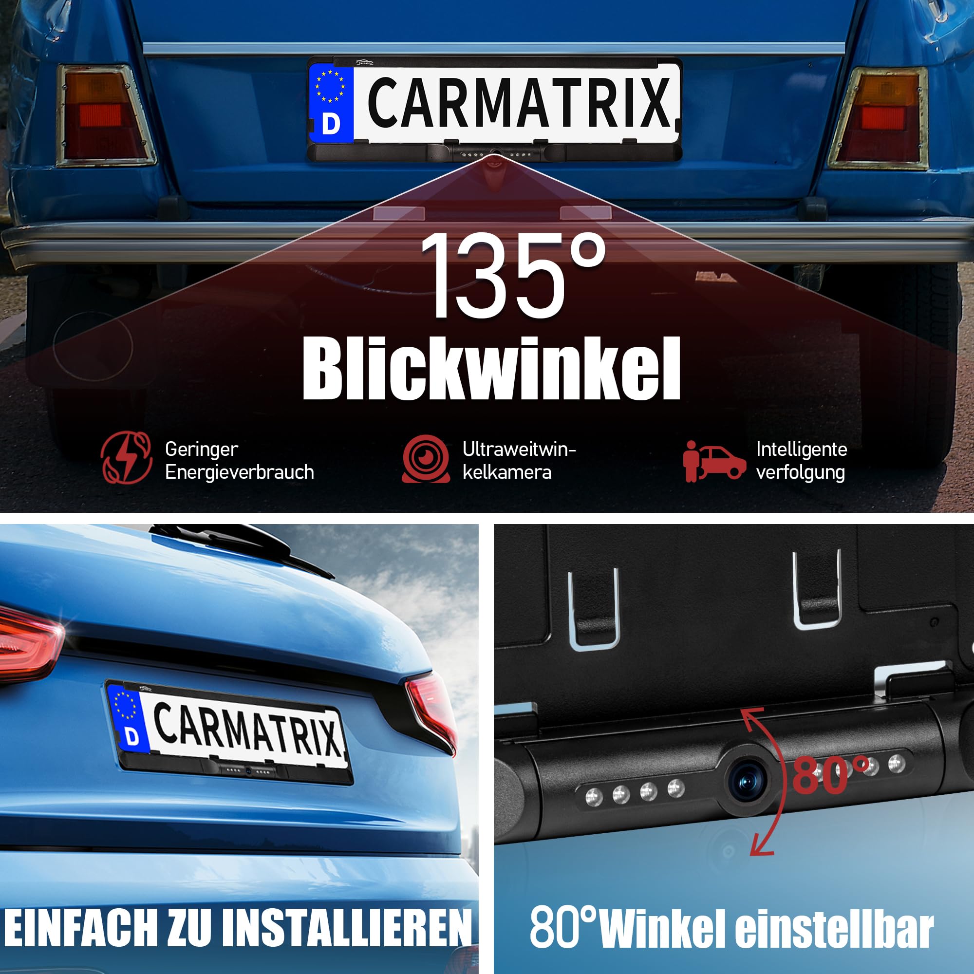 WLAN Funk Rückfahrkamera im Kennzeichenhalter HD Rückfahrsystem App-Steuerung iOS Android KI Erkennung IR Nachtsicht