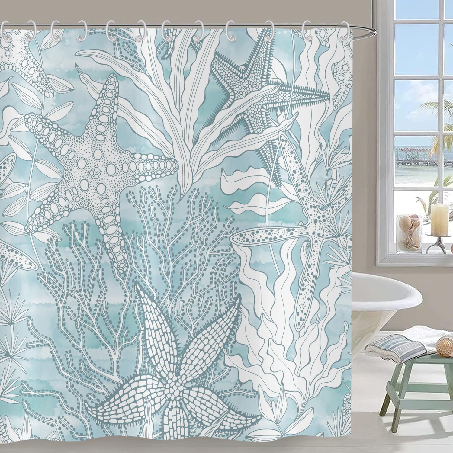 Hnmdmyi Coastal Shower Curtain 180x180, Aqua Blue Nautical Ocean Beach Starfish Coral Bathroom Curtains with Hooks Waterproof Polyester Fabric Washable Bath Curtains for Wet Room