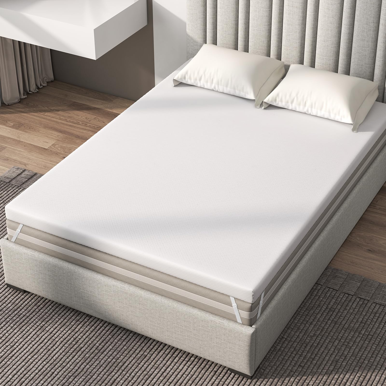 KOMFOTT Full Size Cooling Gel-Infused Memory Foam Mattress Topper, 3” Bed Topper with Adjustable Elastic Straps, Pressure & Pain Relief, Mattress Topper with Washable Cover & Anti-Slip Bottom