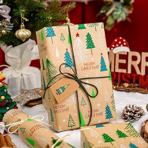 Miniatura 95 de Yarcony Papel kraft de regalo de Navidad, papel de regalo negro, árboles de Navidad de lujo, renos, copos de nieve, papel de estraza resistente