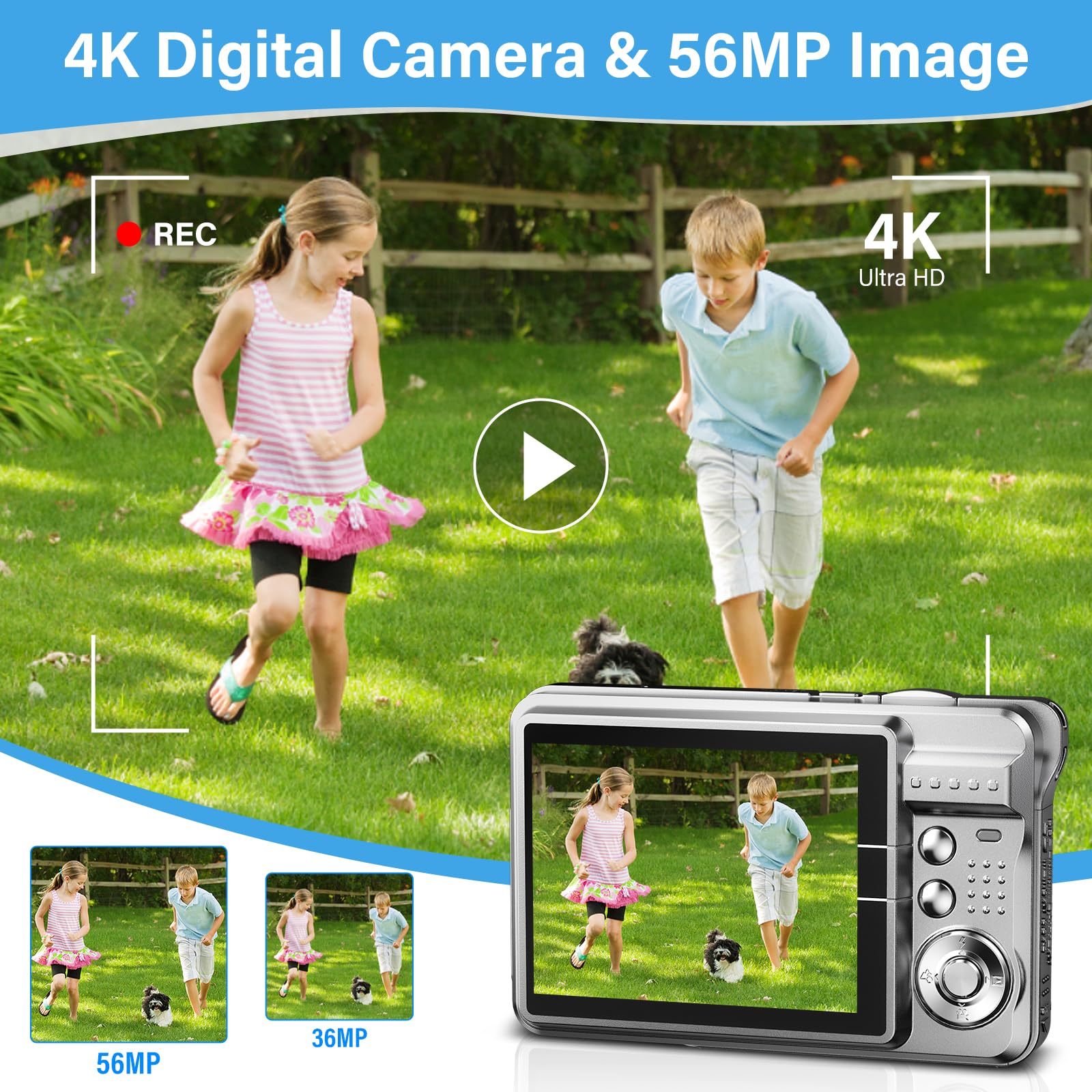 Fotocamera Digitale Compatta 56MP E 4K, Zoom 20x, Perfetta Per Bambini E Principianti - Nero