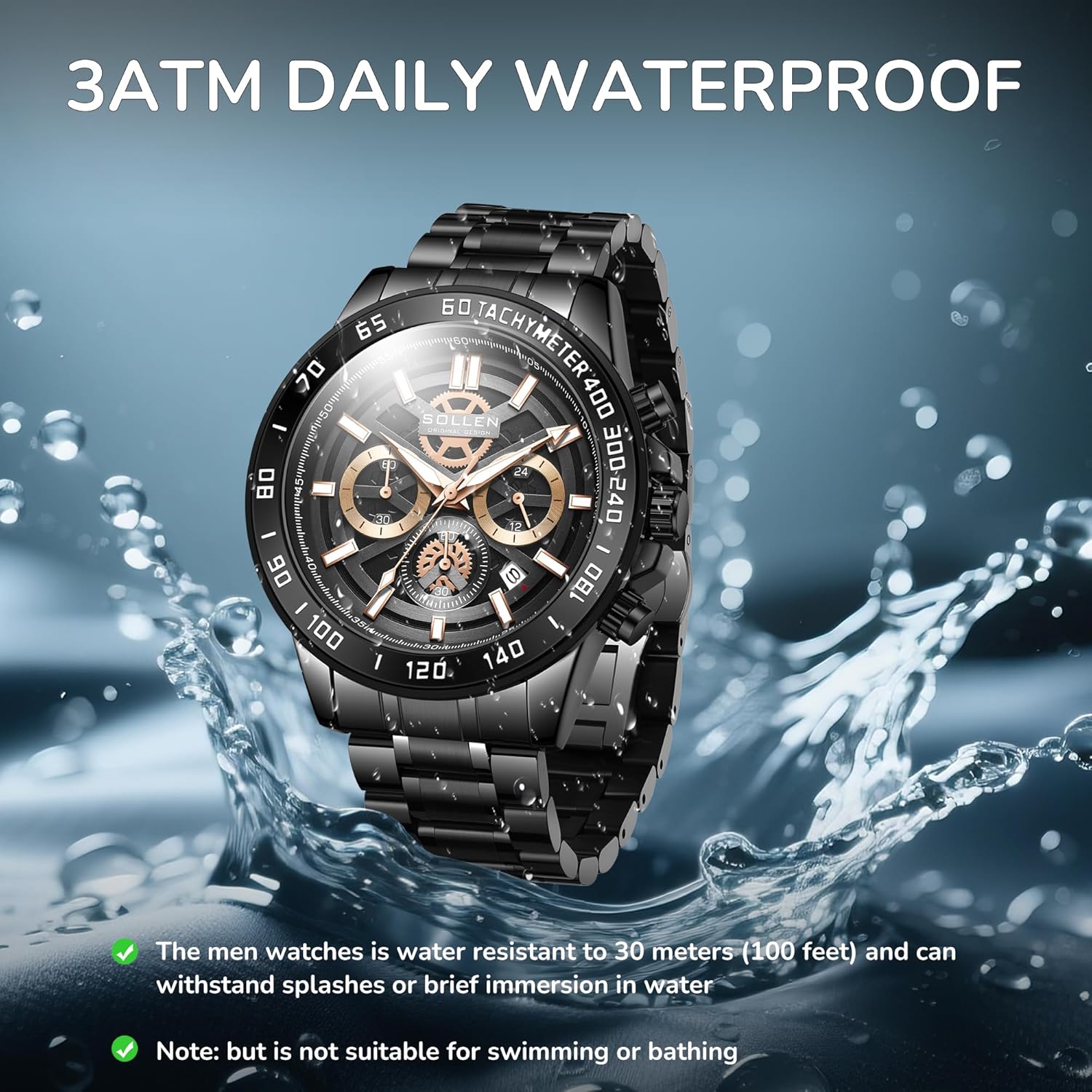 Black Chronograph Watches for Men, Analog Quartz Mens Watches, Fashion Sport Wrist Watches with Calendar, 30M Waterproof Luxury Casual Dress Work Watch, Luminous Skeleton Watches Gifts for Men
