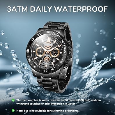 Black Chronograph Watches for Men, Analog Quartz Mens Watches, Fashion Sport Wrist Watches with Calendar, 30M Waterproof Luxury Casual Dress Work Watch, Luminous Skeleton Watches Gifts for Men