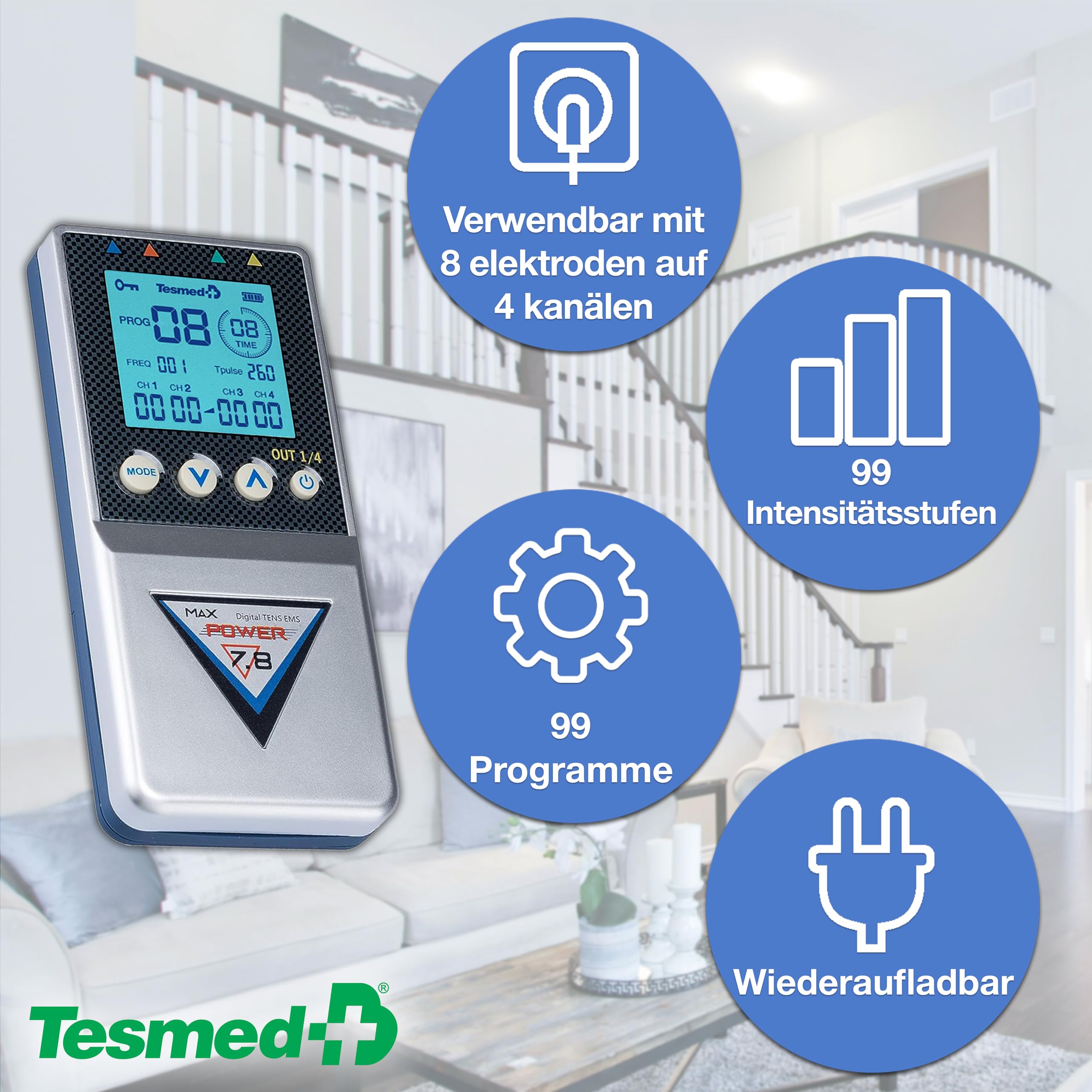 TESMED Max 7.8 TENS, EMS & Massage Elektrostimulator, 4 Kanäle