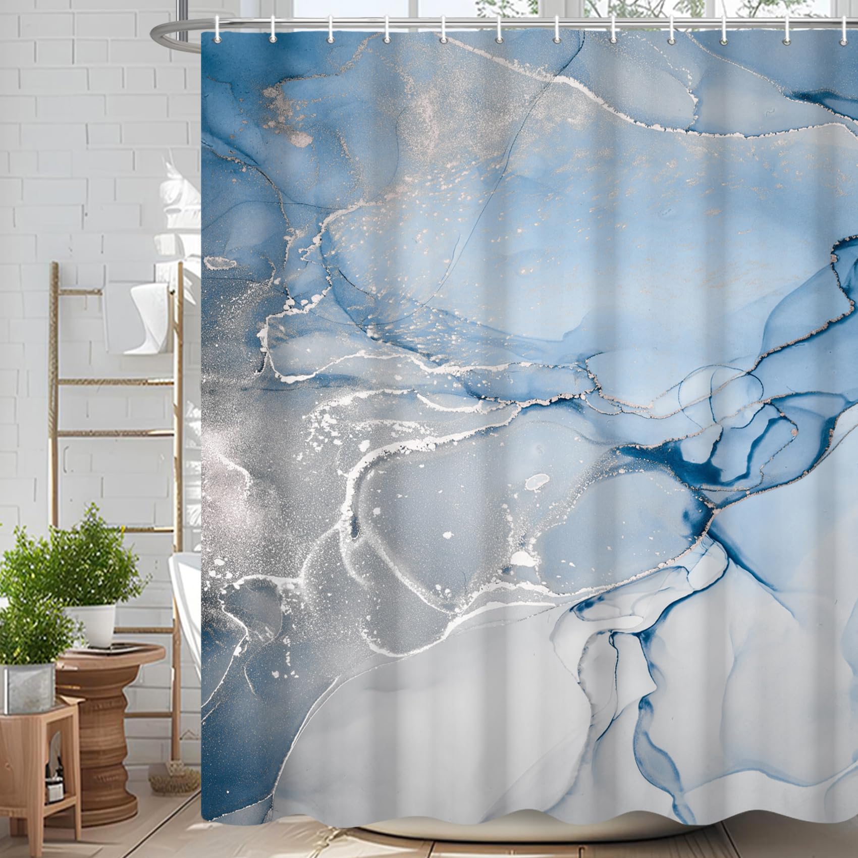 Velaequezii Blue Silver Crack Marble Abstract Shower Curtain Modern Ombre Printed Bath Curtain Waterproof Washable Fabric Bathroom Bathtub Decor