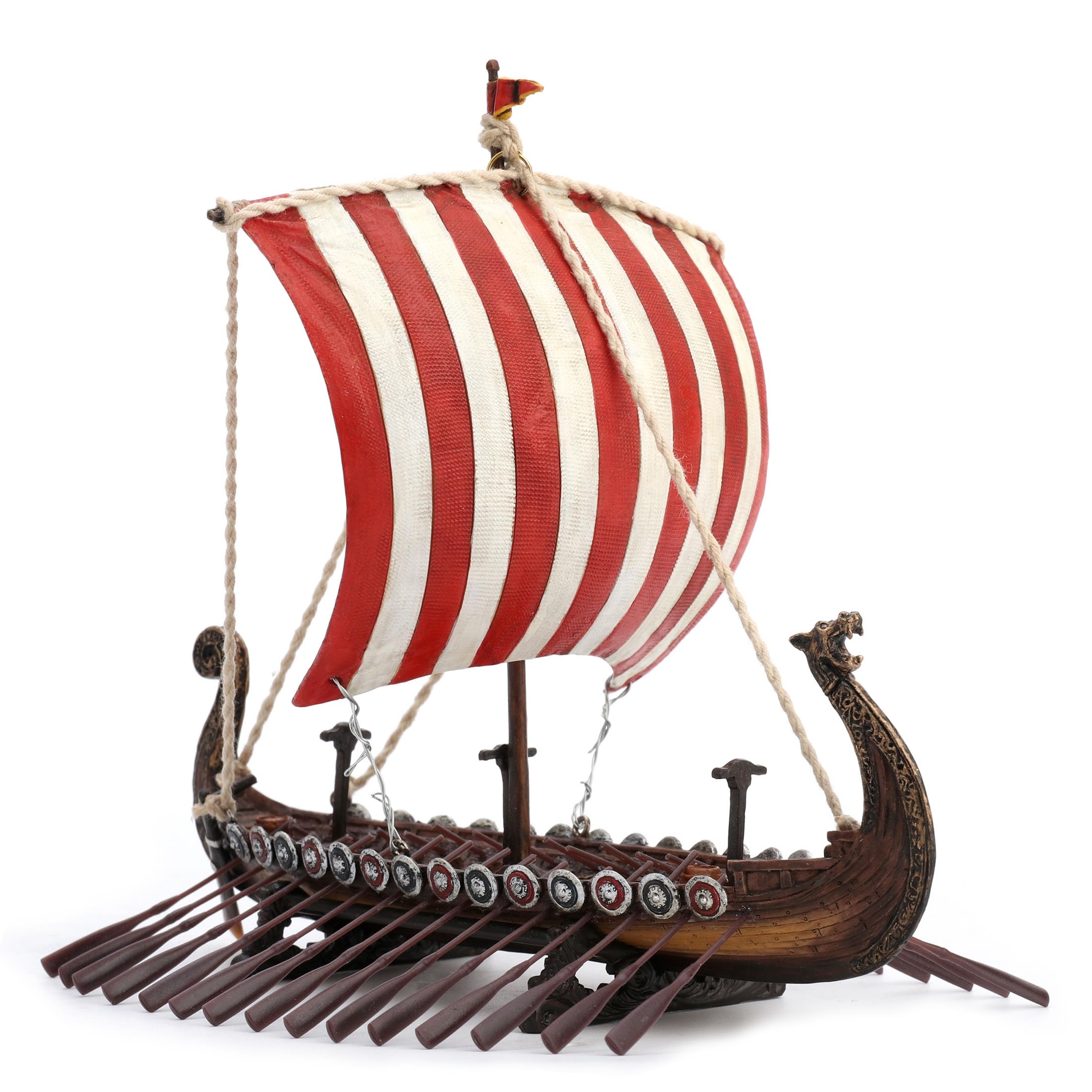 Drakkar viking sculpture résine longship Veronese Design voilure rouge et blanche 15 cm