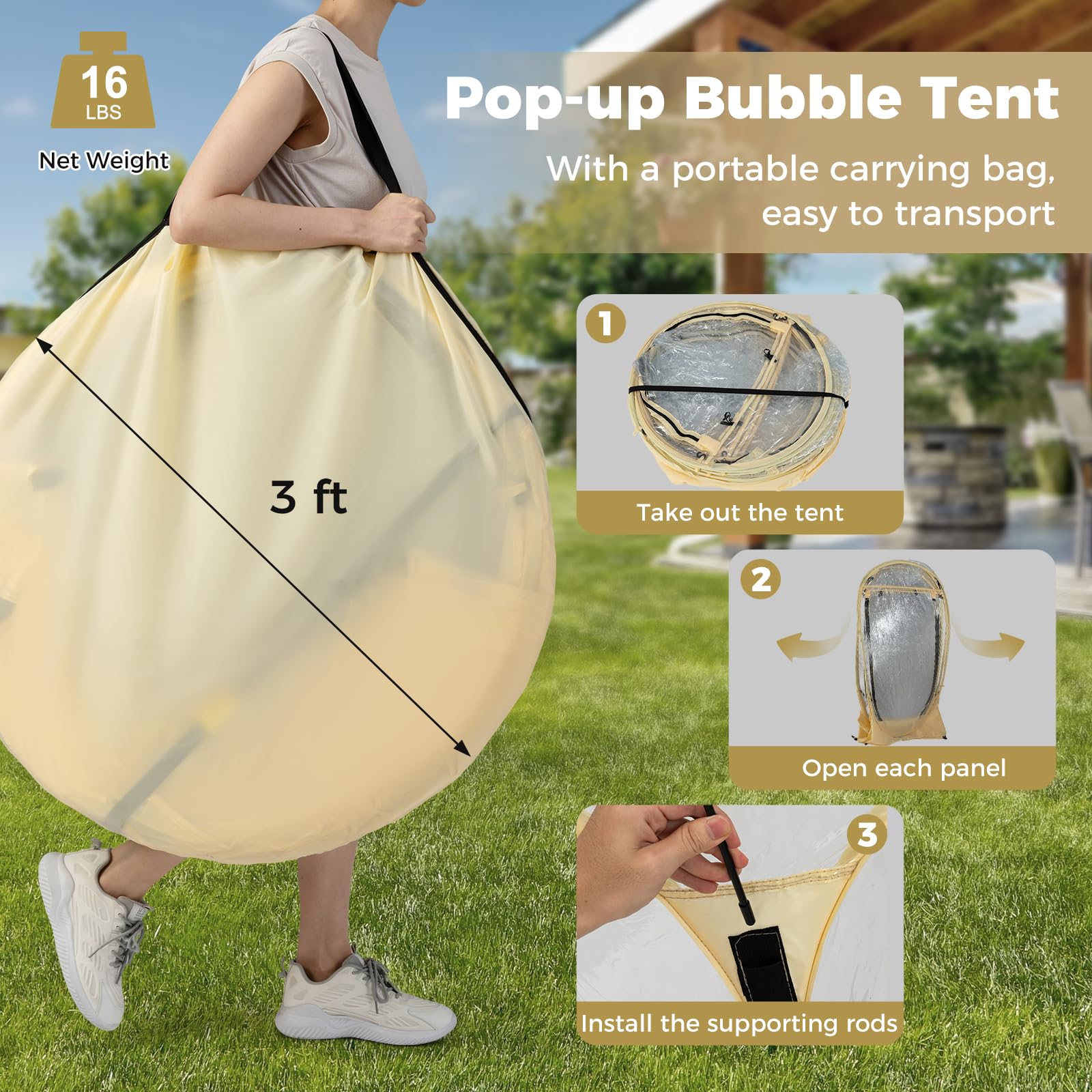 FANTASK Transparentes Pop up Zelt, tragbares PVC Kuppelzelt für 5-6 Personen, Blasenzelt wetterfest mit Tragetasche & Bodenmatte, Campingzelt Outdoor für Garten, Terrasse, Hinterhof