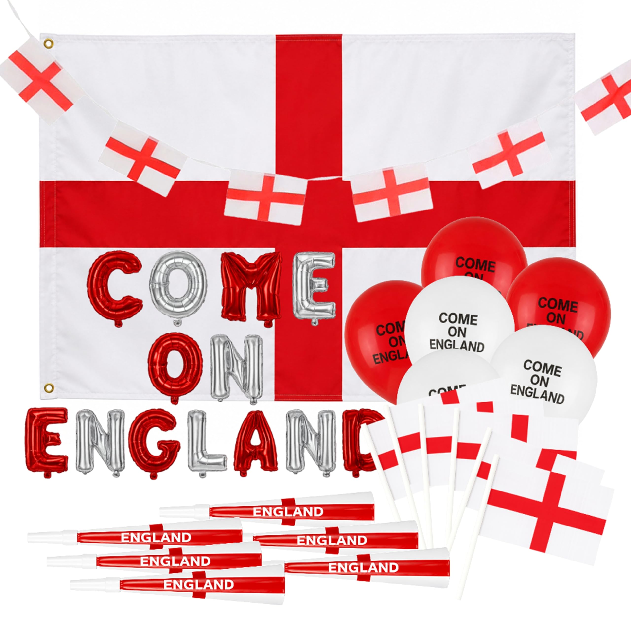 England World Cup 2026 Decorations - Come On England Football Party 6 piece Set - 16" Foil Balloons, 10" Balloons, XL Flag, 12" Bunting, Paper Hands Flags & Horns. St Georges Day Decorations