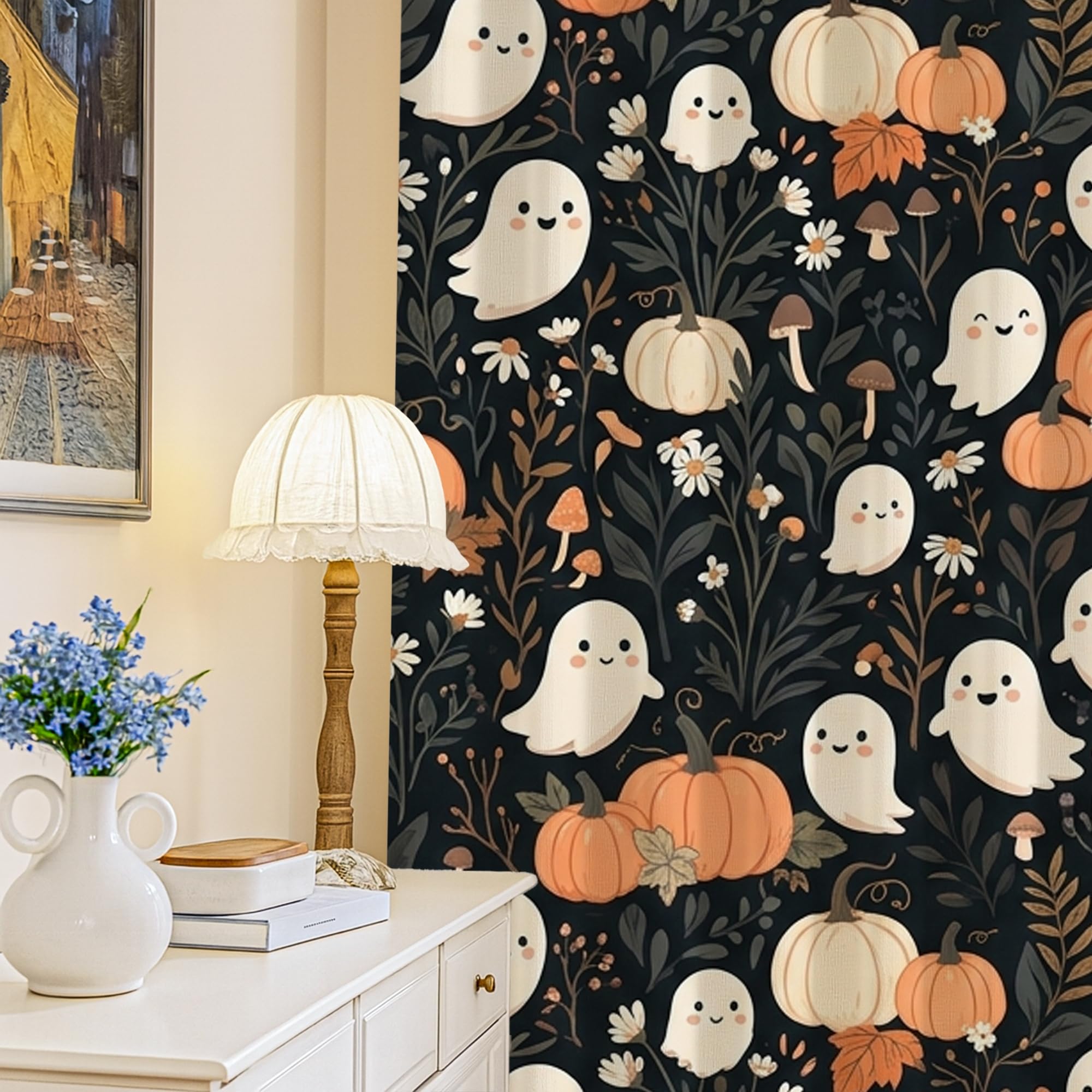 Rideaux occultants fantaisistes citrouilles fleurs Halloween noir