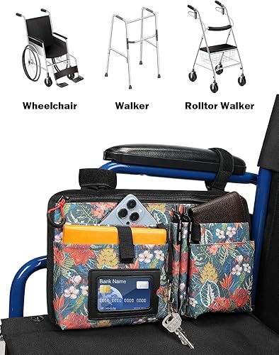 Miniatura 7 de ISSYAUTO - Bolsa lateral para silla de ruedas, bolsa mejorada con soporte para tazas, accesorios para reposabrazos de silla de ruedas para andador,