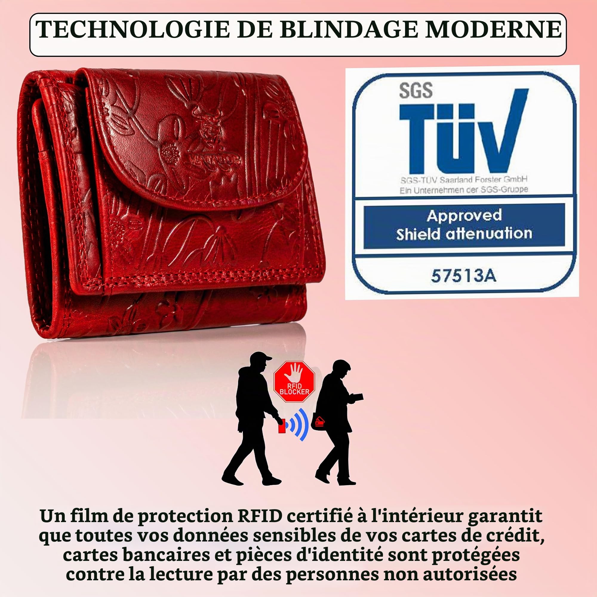 MATADOR Petit Portefeuille Femme Cuir #GENÈVE Portefeuille Femme avec Noble Boîte Cadeau, Porte-Monnaie de Luxe avec RFID, Mini Portefeuille avec de Nombreux Compartiments à Cartes en Fleurs Rouge