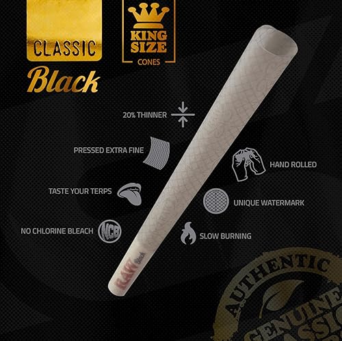 Miniatura 3 de RAW Black Cones King Size Paquete de 50 Papel de liar preenrollado natural prensado extrafino para papel fino, de combustión lenta, naturalmente