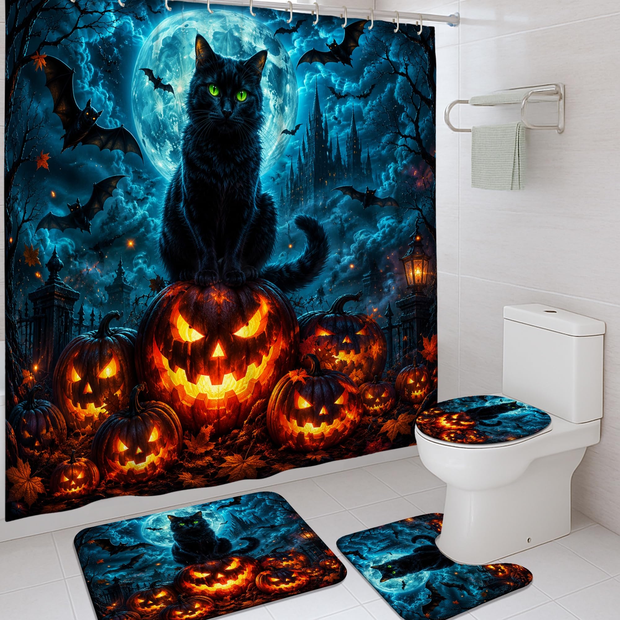 Rideau de douche Halloween gothique noir 183x183 avec tapis de bain en toile