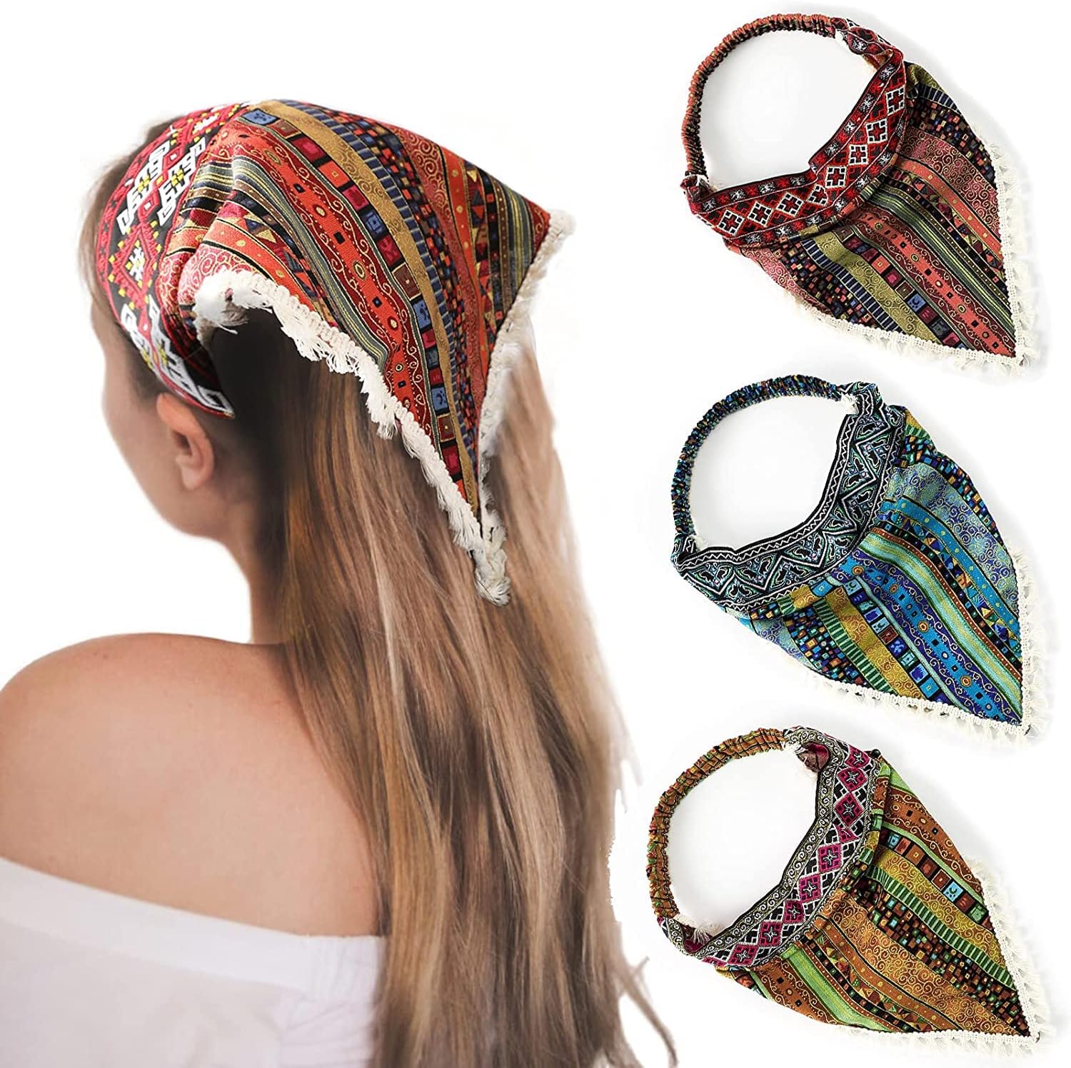ELECDONBandanas, Head Kerchief, Elastic Scarves, Headband With Fringe Trim Ethnic, Hair Bandana With 2 Clips, 3Pcs