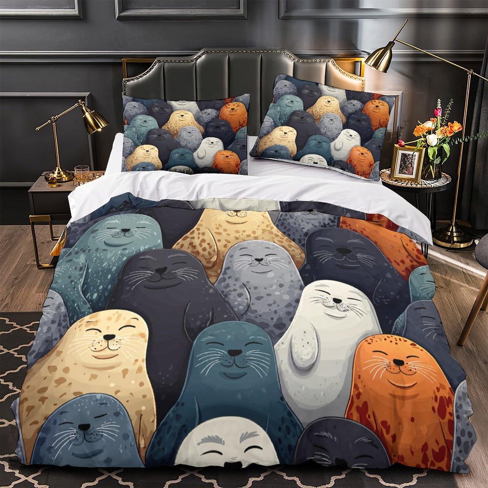Seal Cartoon Comforter Cover 3D Print Wrinkle-Resistant 3PCs Bed Linen Hidden Zipper Cute Animal Illustration Quilt Cover Extra Soft Durable for Teens Youth Adults Women Kids Boys King（220x240cm）
