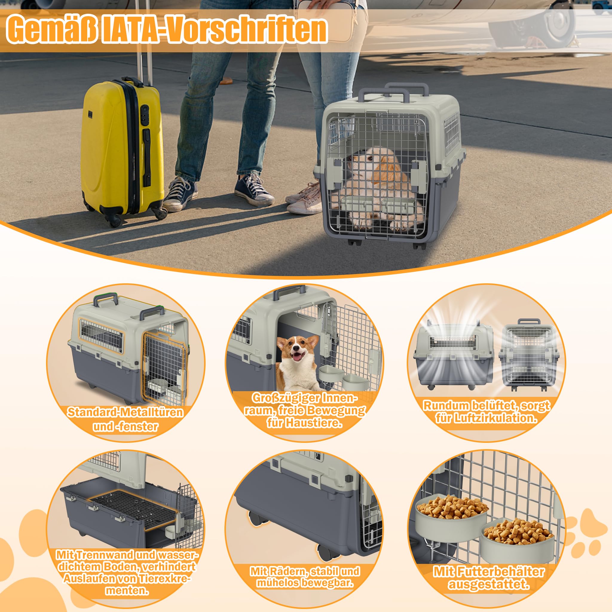 XMTECH Hundetransportbox Transportbox Flugzeugbox für Tiere, Reisebox für Hunde, mit Sicherheitsverriegelung & Lüftungsgitter, L 67 x B 51 x H 45 cm