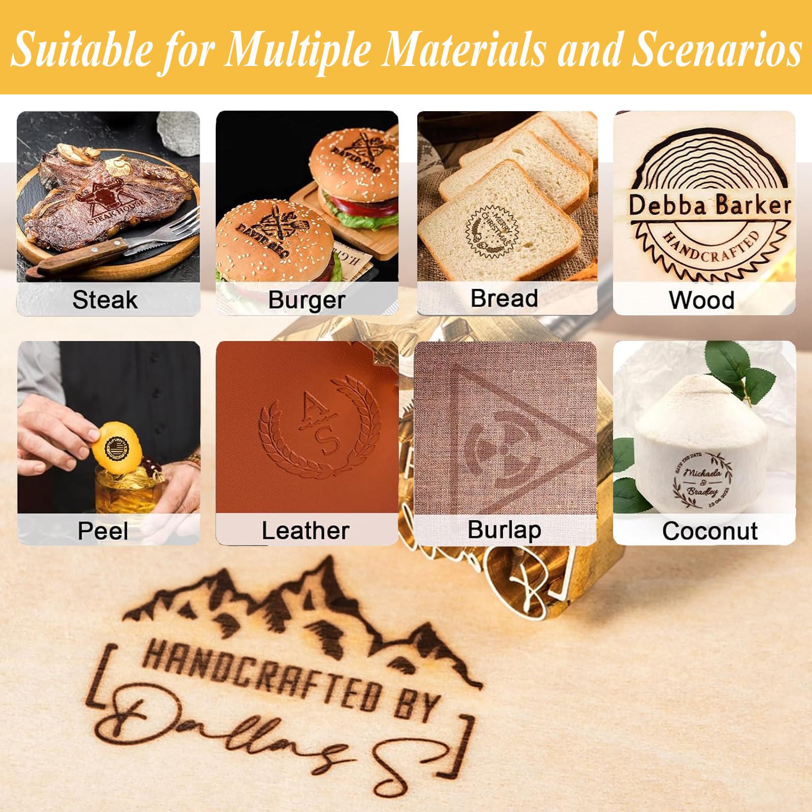 Personalisiertes Brandeisen für Burger, individuelles Logo für Holz, Leder, Grill, Kokosnuss, Steak (5.1cm)