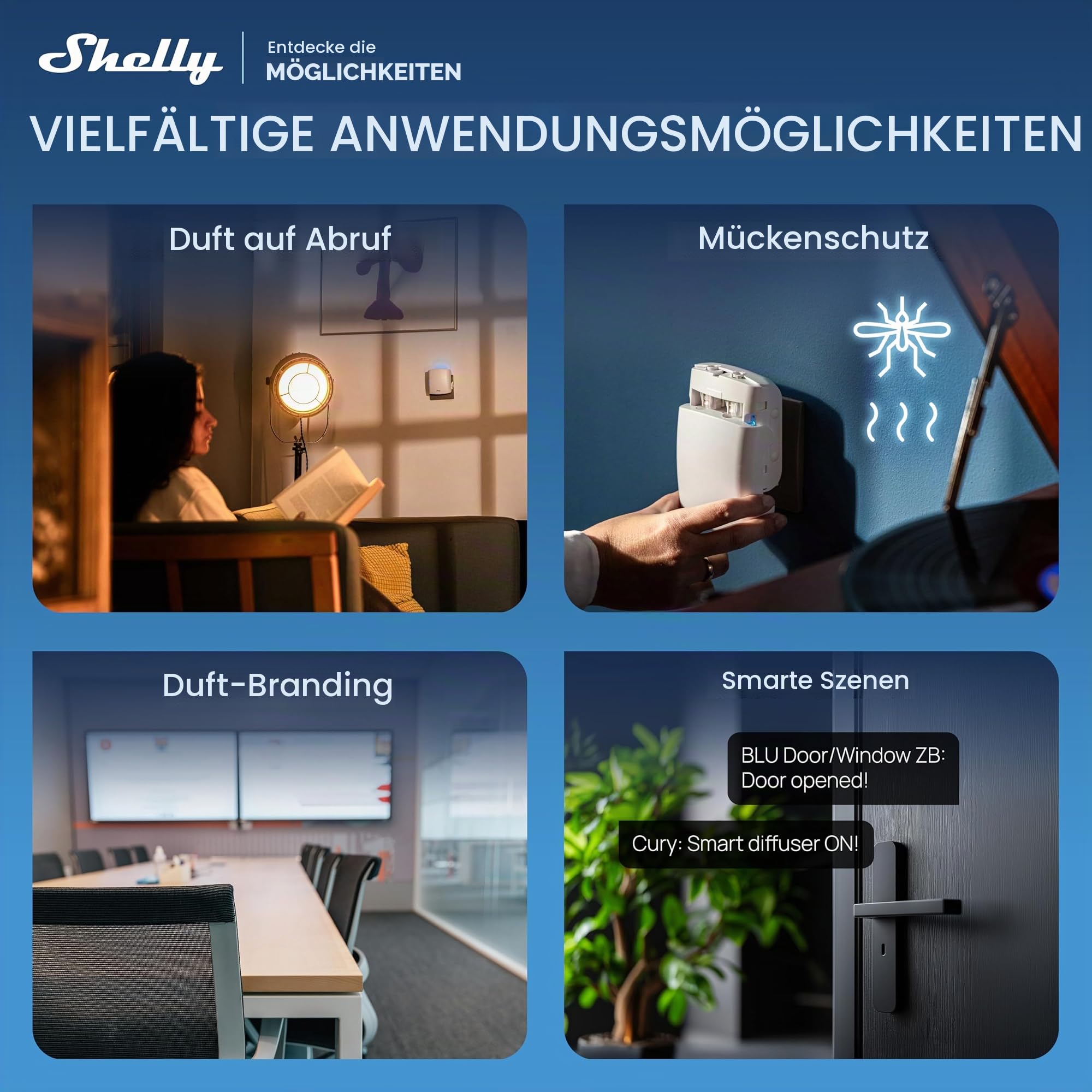 Cury by Shelly - WLAN Smart Lufterfrischer mit Schutzfunktion, Duft, Mückenabwehr, Automatisches Umschalten, Steckdosen Diffusor, Wasserloser Raumduft, LED-Beleuchtung, Zeitschaltuhr