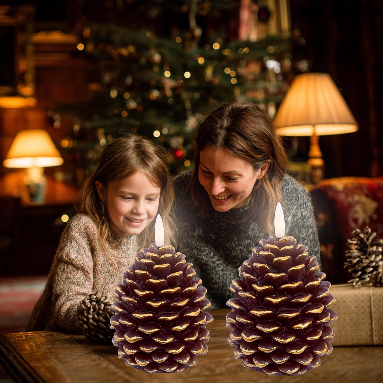AXYLEX Pine Cone Candles Battery Operated, Pinecones with Remote and Timer, LED Flameless Real Wax Flickering Candle for Christmas Decor. H 5.5 Inch, Pack of 2 (Golden-Brown)