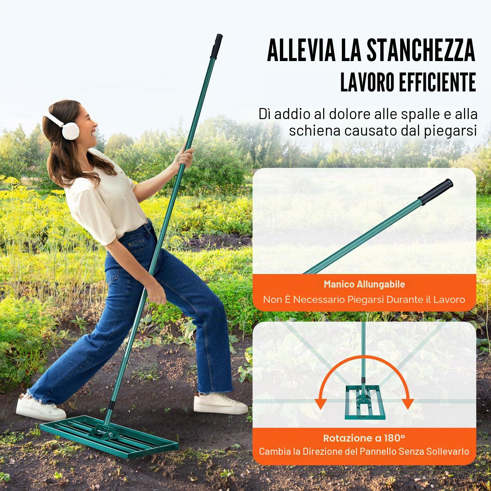 VEVOR Rastrello Livellatore per Prato 914x254 mm Livellatore Manico in Acciaio Piastra di Base da 1981 mm, Rastrello Livellatore per Prato in Lega di Alluminio per Prato Giardino Campo da Golf Erba