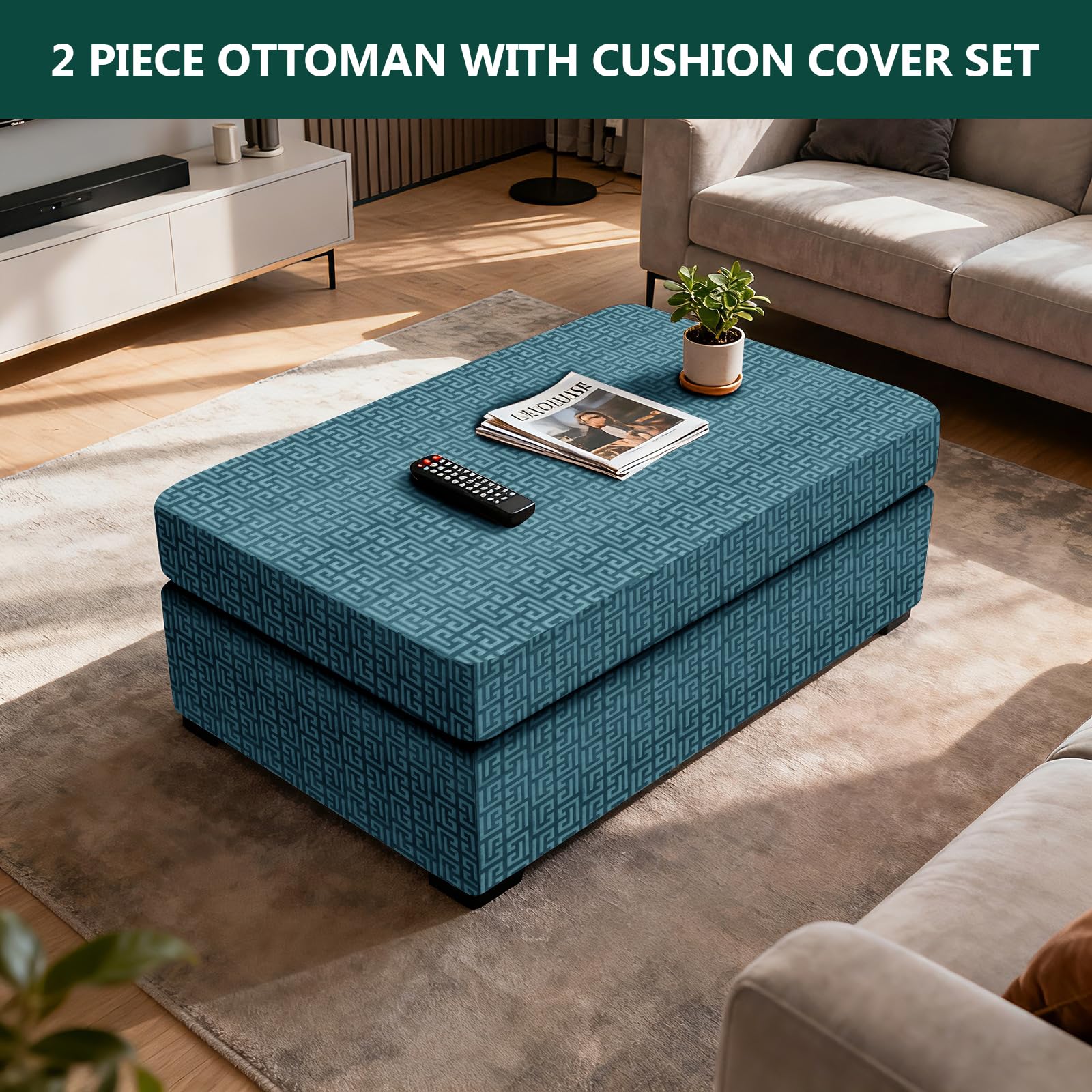 Copri Pouf Poggiapiedi Con Cuscini Seduta, Fodere Ottomana Protettive in Goffratura Velluto Per Pouf, Copri Rimovibile Per Ottomana Con 2 Ferma Lenzuola (teal,S+cushion (2pcs))