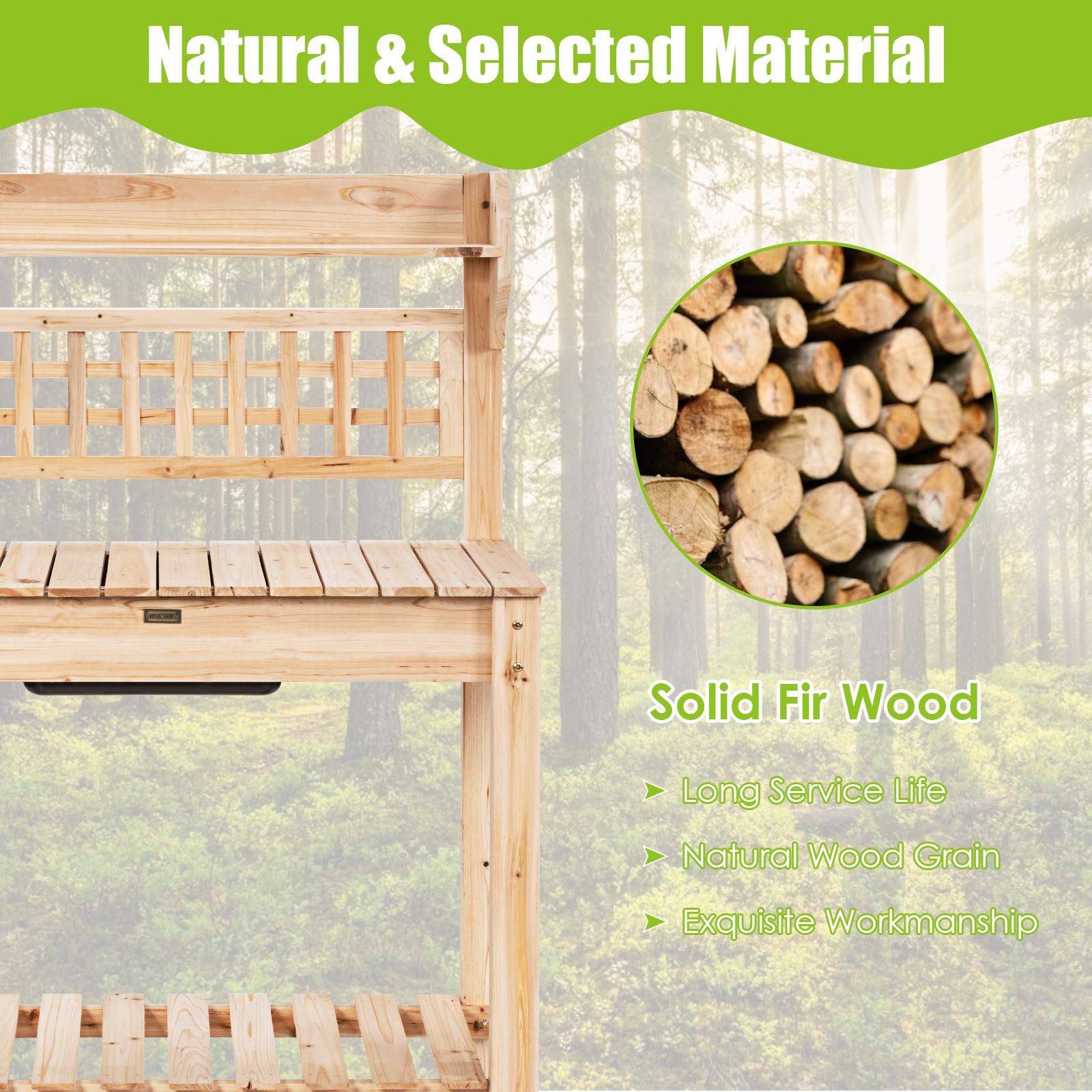 Giantex Garden Potting Bench, Outdoor Wood Work Table w/Sliding Tabletop, Planter Bench Work Station w/Removable Sink & Storage Shelves for Backyard Patio Balcony, Natural - Image 6