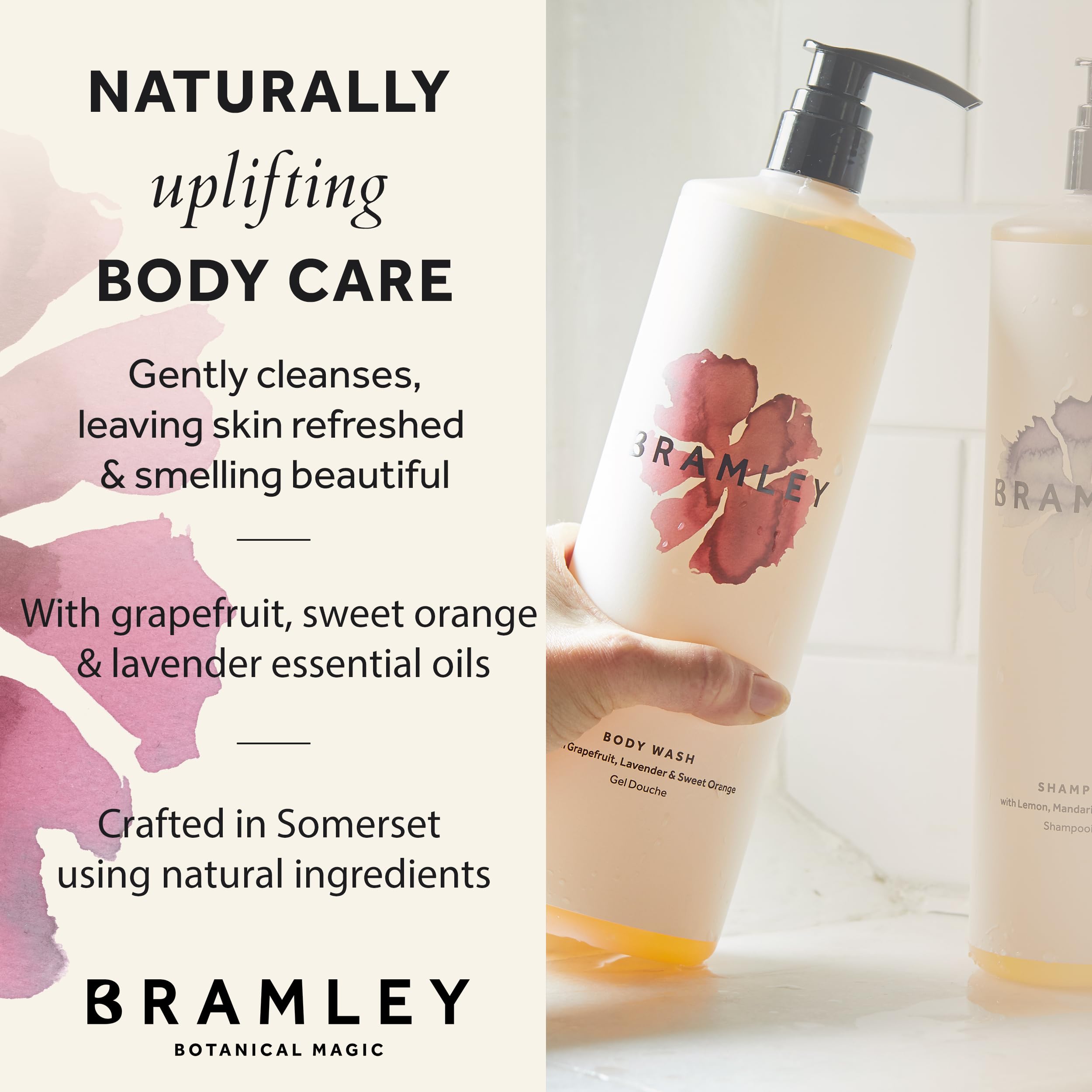 BRAMLEY - Bagnoschiuma da 1 litro, olio essenziale di pompelmo, lavanda e arancia dolce, rinfrescante, fragranza naturale al 100%, ricarica bagnoschiuma, formato famiglia, Green living