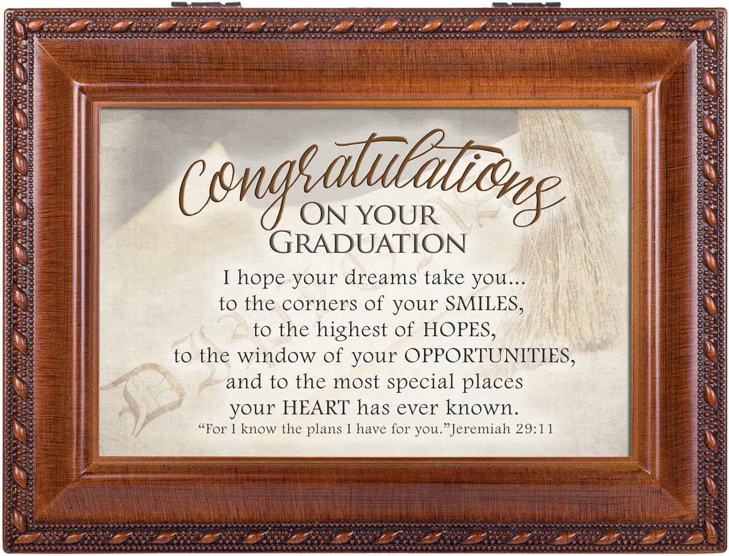Cottage Garden Congratulations Graduation Woodgrain Rope Trim Inspirational Music Box Plays Pomp and Circumstance