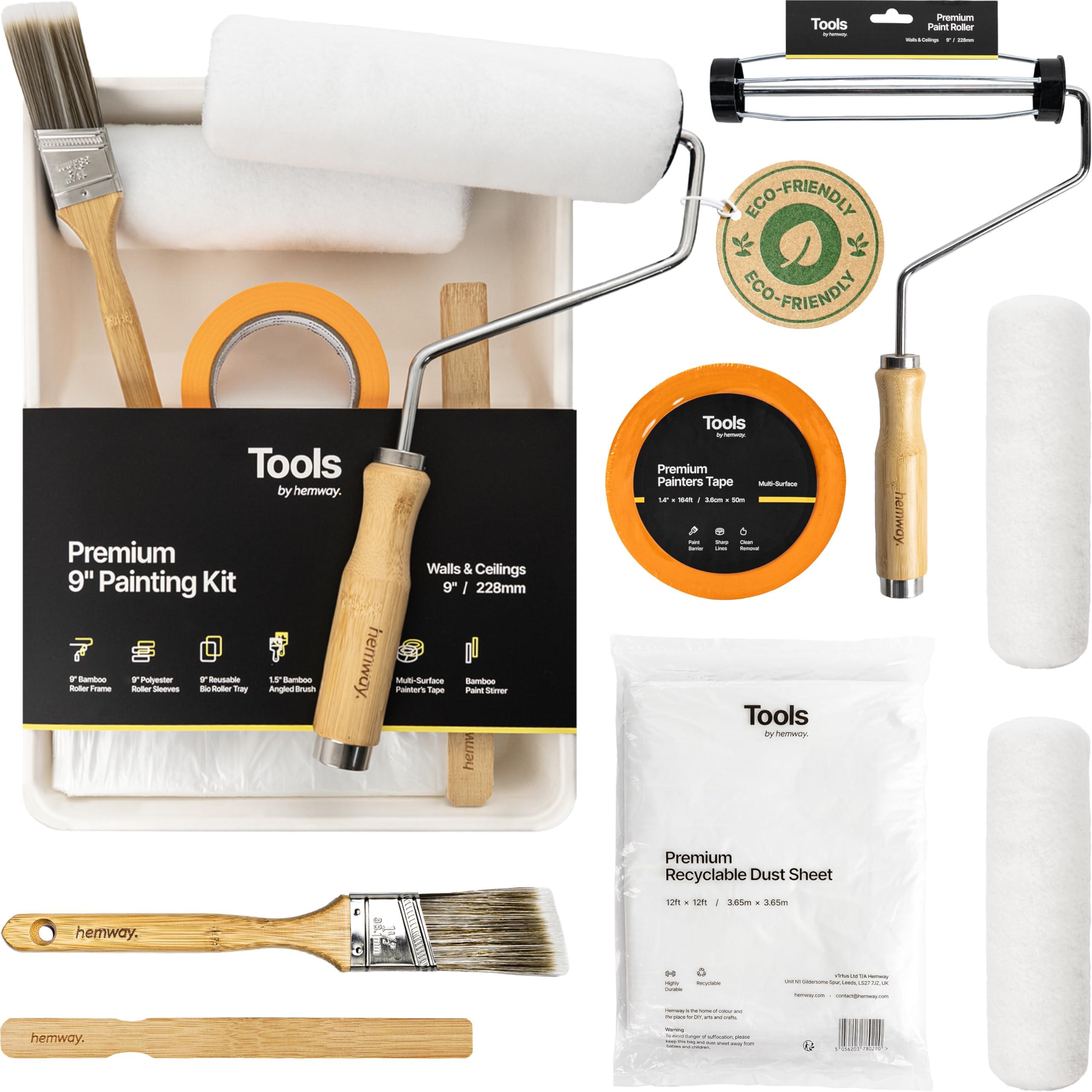 Painting Kit 9 Inch | Paint Roller Kit Includes 9" Roller Frame, 2 Mid Pile Sleeves, Tray, 1.5" Cutting In Paint Brush, 12ft Dust Sheet, Stirrer & 50m Painters Tape | Premium Painting Supplies, Hemway