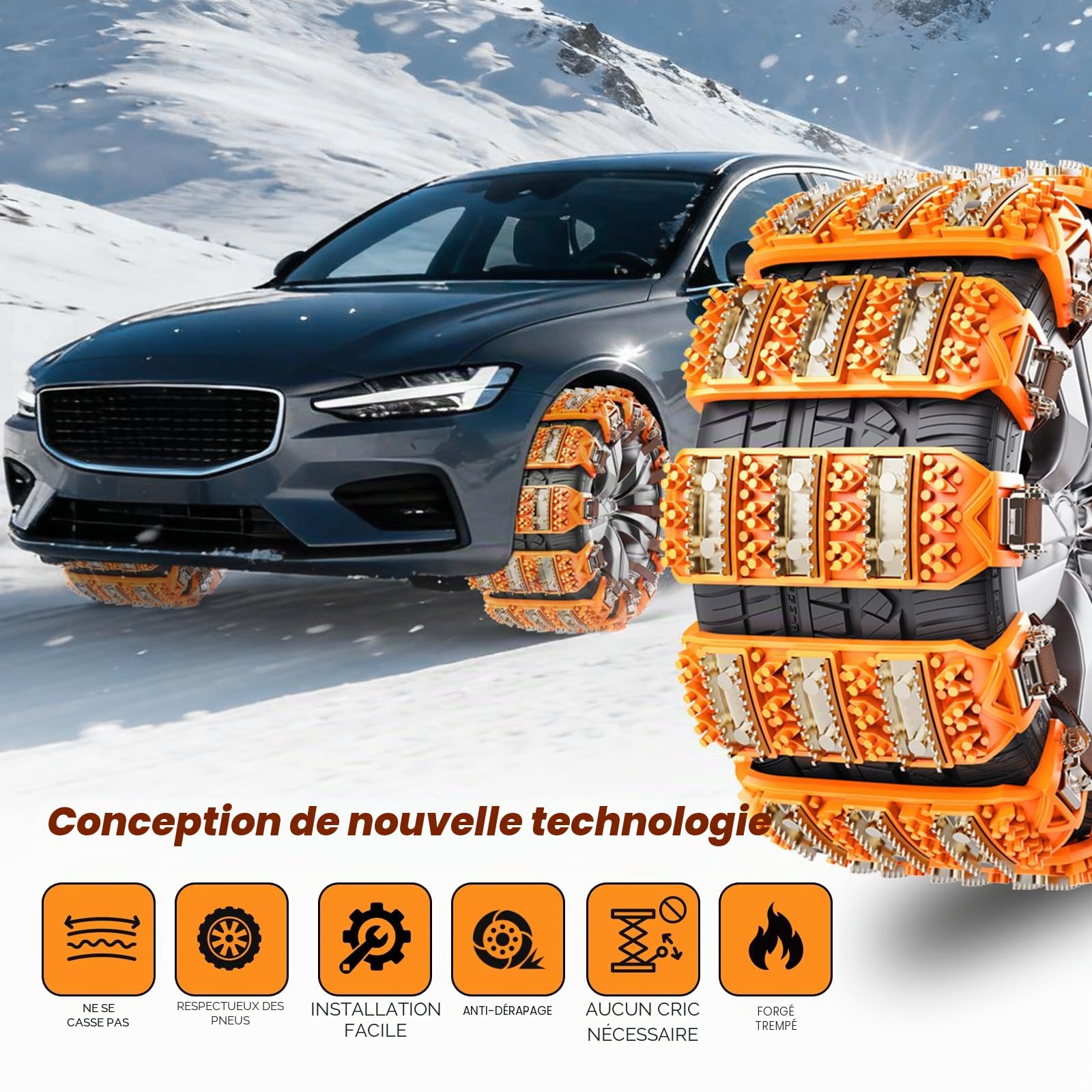 Chaînes à Neige pour Voitures Ninonly 8Pcs Chaîne Universelle Antidérapante d’Urgence pour Véhicules Voiture Camion SUV Adaptée aux Pneus de 165mm - 265mm pour Boue, Sable, Neige, Glace, Montée