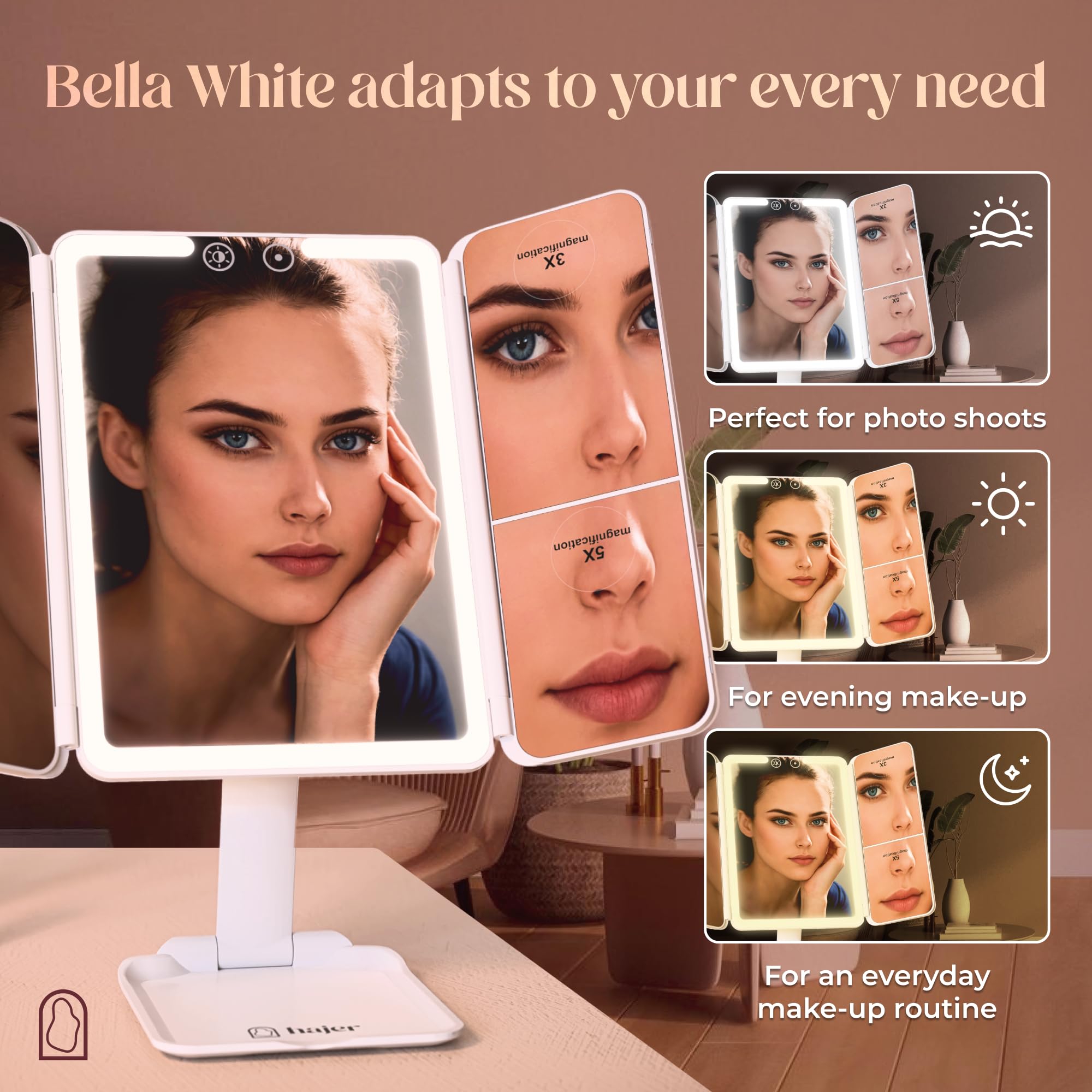 hajer Podświetlane lusterko do makijażu LED + torba transportowa, powiększone 1X/3X/5X, 3 tryby oświetlenia, dotykowe i ładowanie USB-C z baterią litową. Przenośne i składane lusterko podróżne.