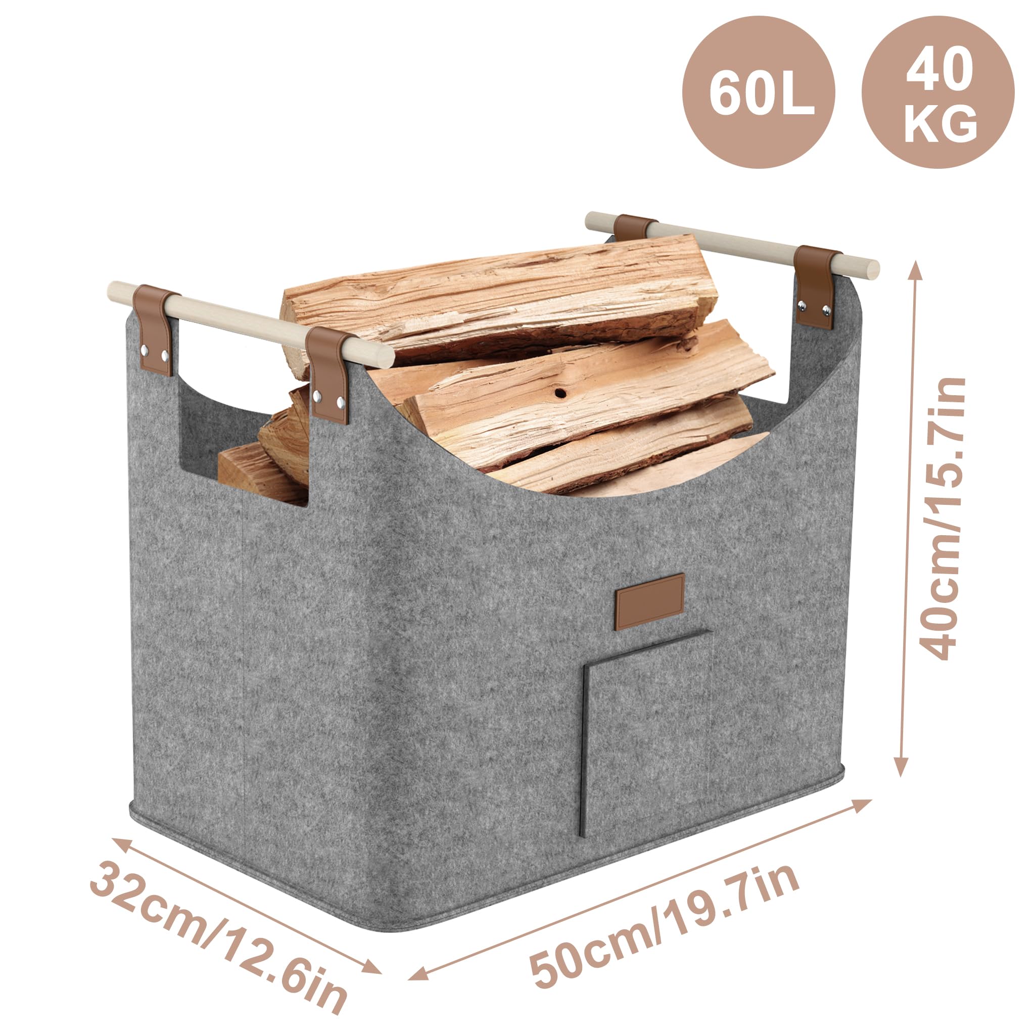 HENGMEI Brennholzkorb Filzkorb 4 Stück Holzkorb Kaminholz Filztaschen Extradickem Kaminholzkorb mit Griff Feuerholzkorb für Feuer Brennholz(50x32x40cm, Grau)