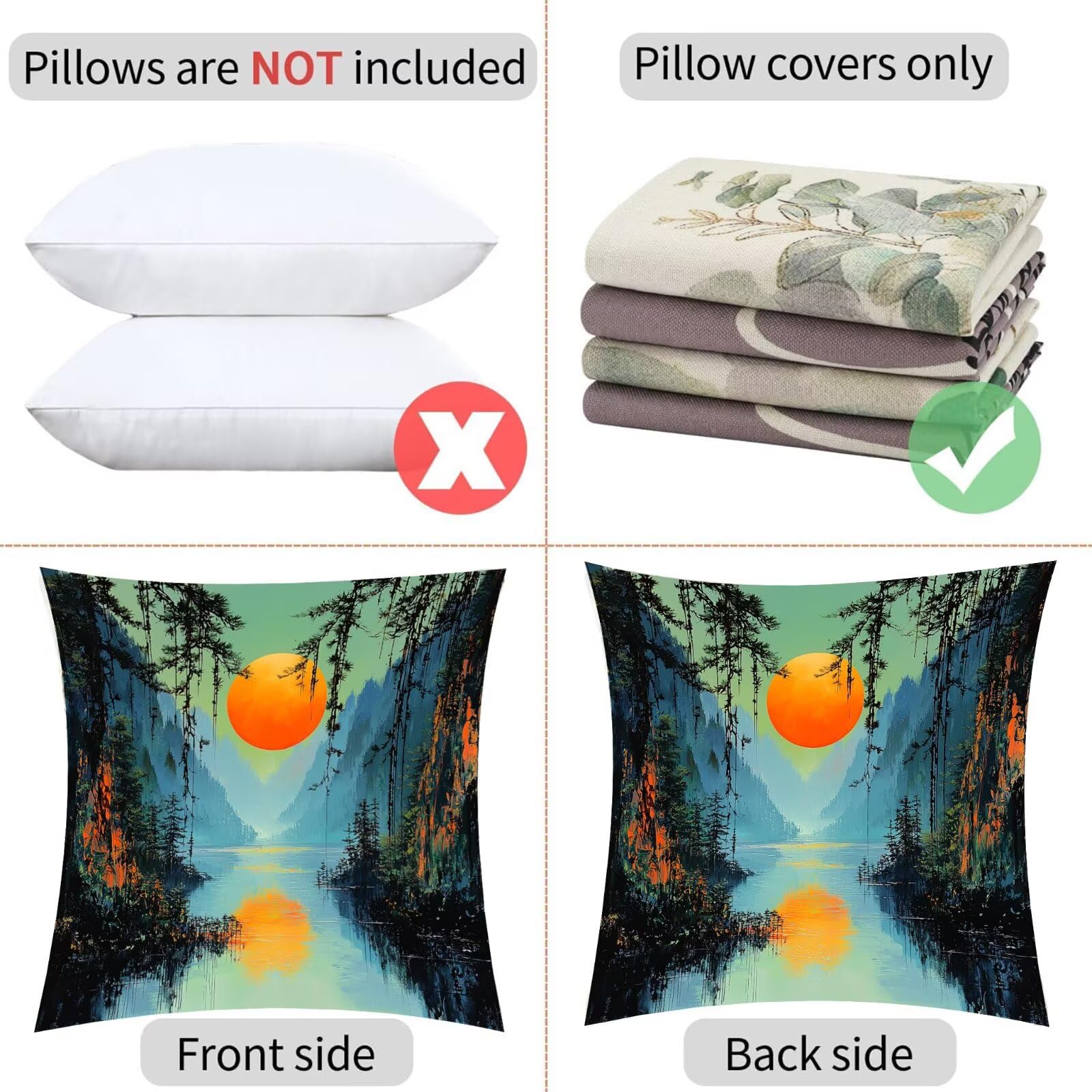 Set de 4 Cojines de Terciopelo 60x60 cm Montañas atardecer Fundas de Cojín Decor para Sofá o Silla Fundas de Cojín con Cremallera Invisible Sofá Salón Dormitorio Exteriores Cojines Decor I-1424