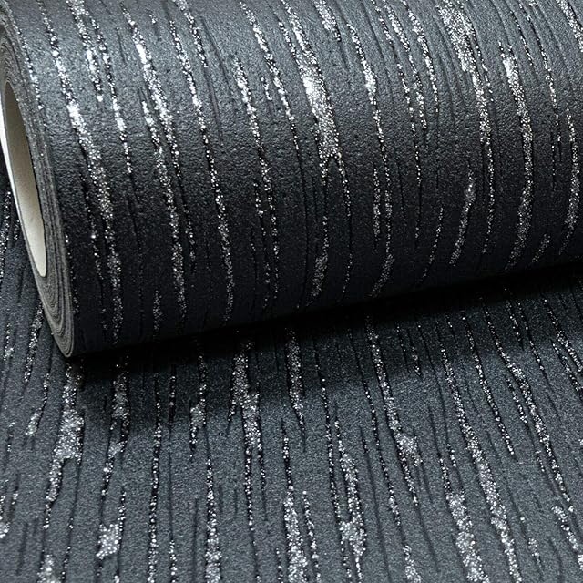 Embossed Plain Black Silver Glitter Blown Vinyl Textured Thick Heavy Wallpaper (Black and Silver)