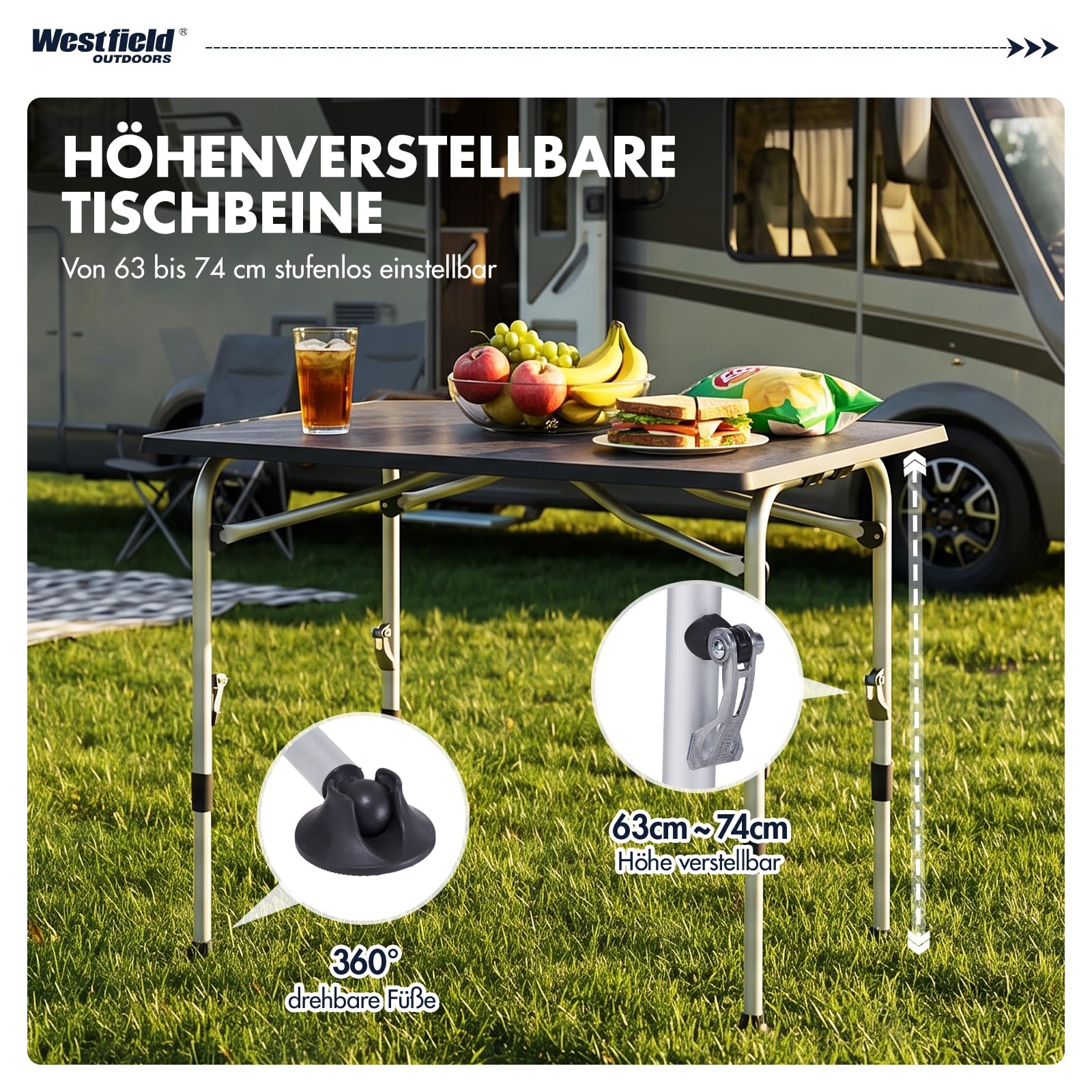 Westfield Outdoors Superb Campingtisch Klappbar Höhenverstellbar Klapptisch für 4-8 Personen, Stabiler Gartentisch Falttisch mit Breiten Standfüßen für Camping, Wohnwagen & Terrasse, Grau