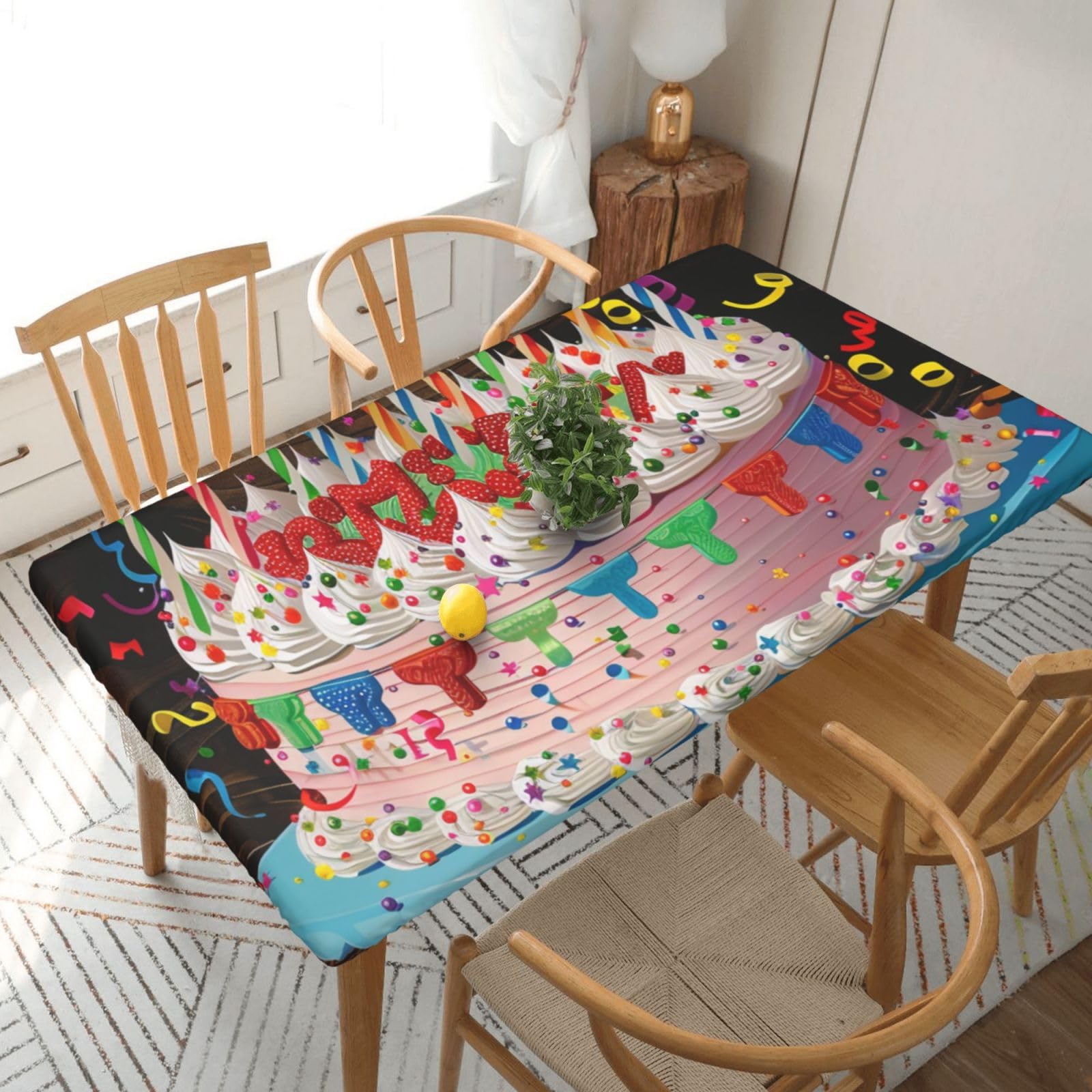 WPKJU Happy Birthday Big Cake Printed Tablecloths 5ft Rectangular Table Covers Washable Polyester Decorative Table Cloth for Dining Table Picnic Wedding