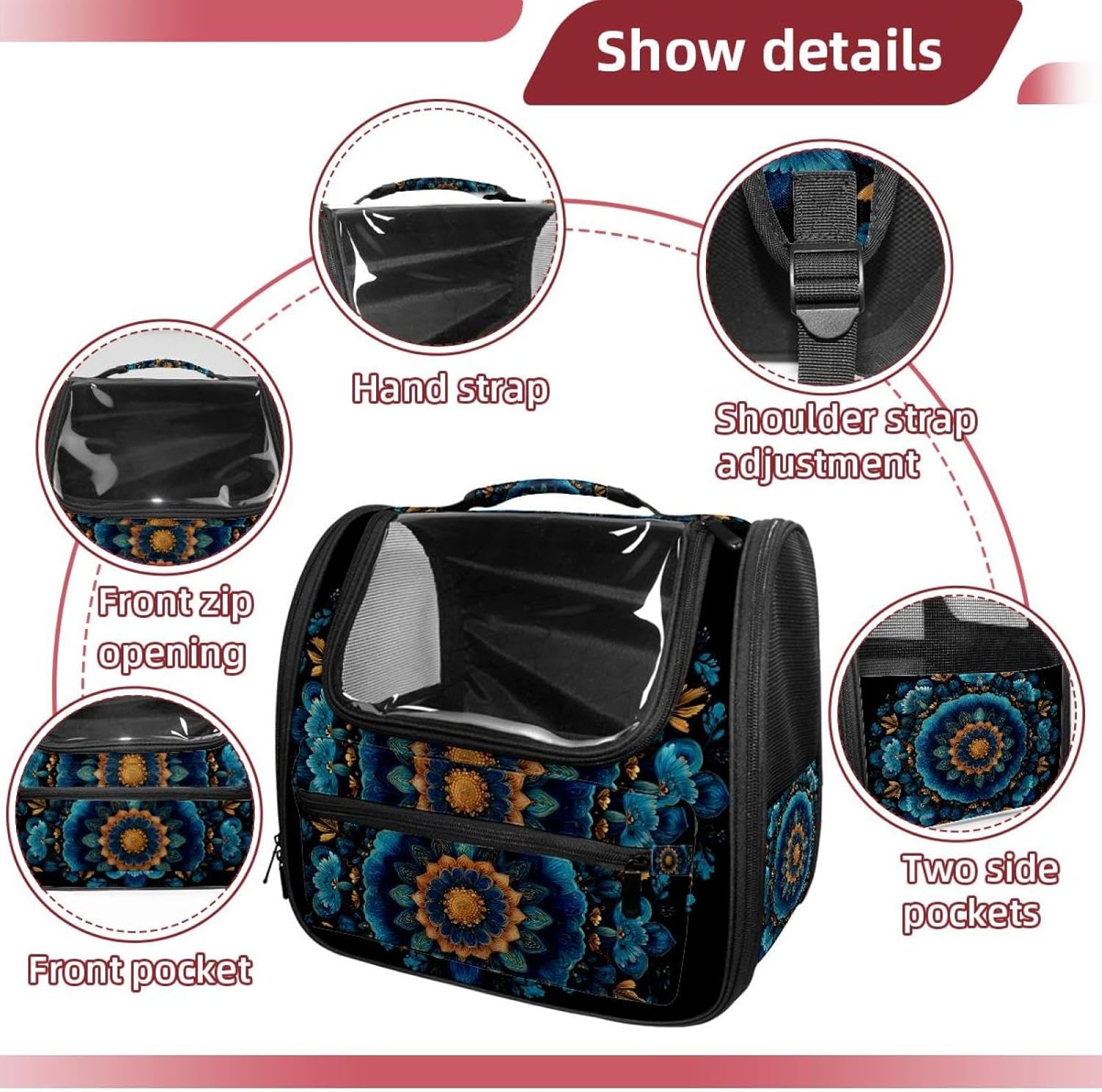 Portable Travel pet Backpack Carrier Hamster Bag Small Dog cat Carrier Breathable Hang Bag, Mandala Floral Blue Dark (3)
