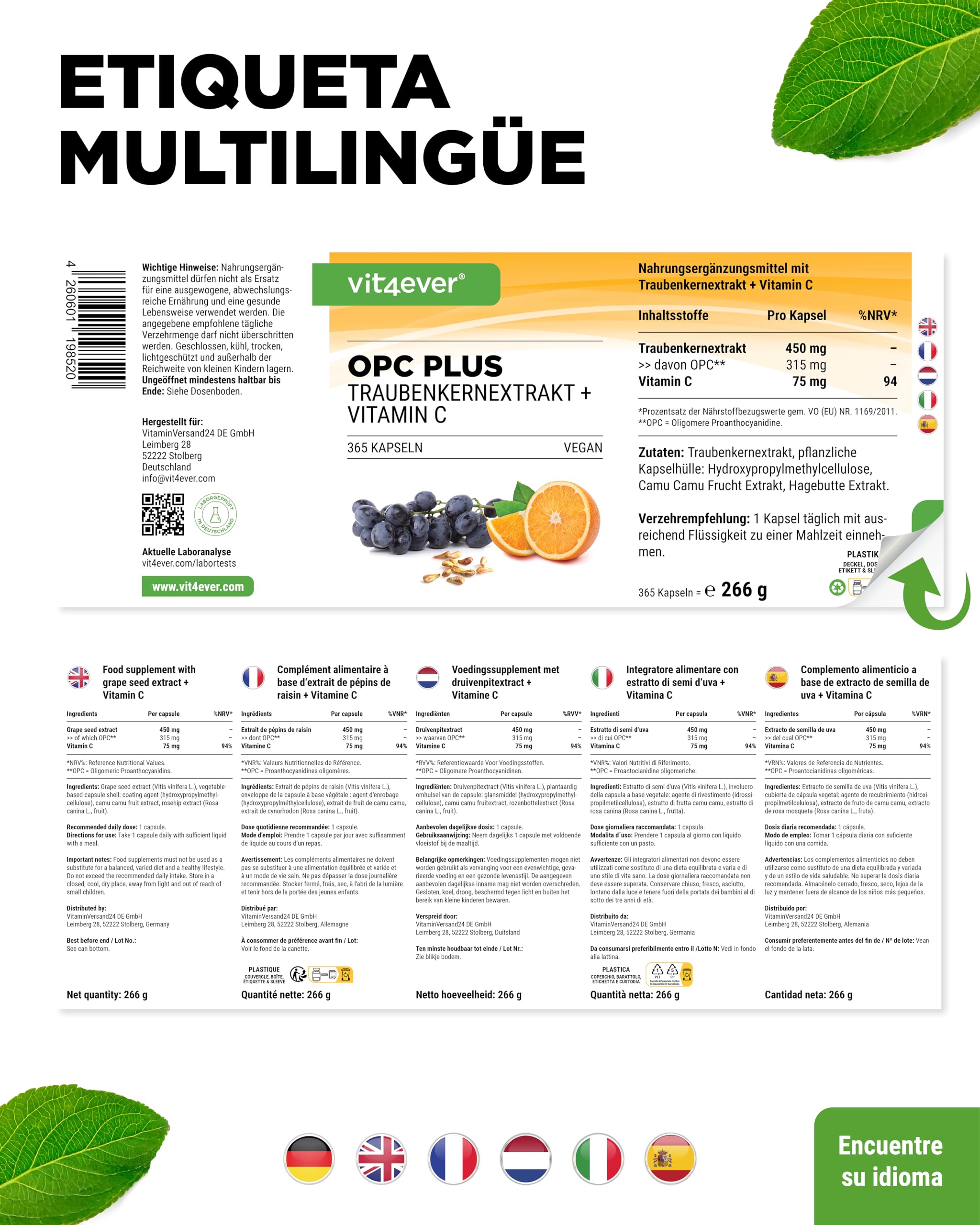 OPC extracto de semilla de uva + vitamina C natural - 365 cápsulas para 12 meses - Máximo contenido de opc según HPLC - Vegano