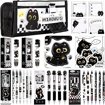 Black Cute Cat Stationery Set Cat School Supplies Including Sticky Notes,Mechanical Pencils,Eraser,Notebook,Stickers etc Kawaii Birthday Gifts Classroom Rewards Black Cute cat