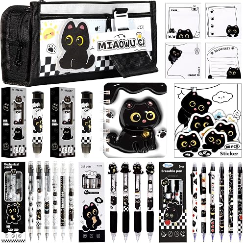 Black Cute Cat Stationery Set Cat School Supplies Including Sticky Notes,Mechanical Pencils,Eraser,Notebook,Stickers etc Kawaii Birthday Christmas Gifts Classroom Rewards (Black Cute cat) - black cute cat